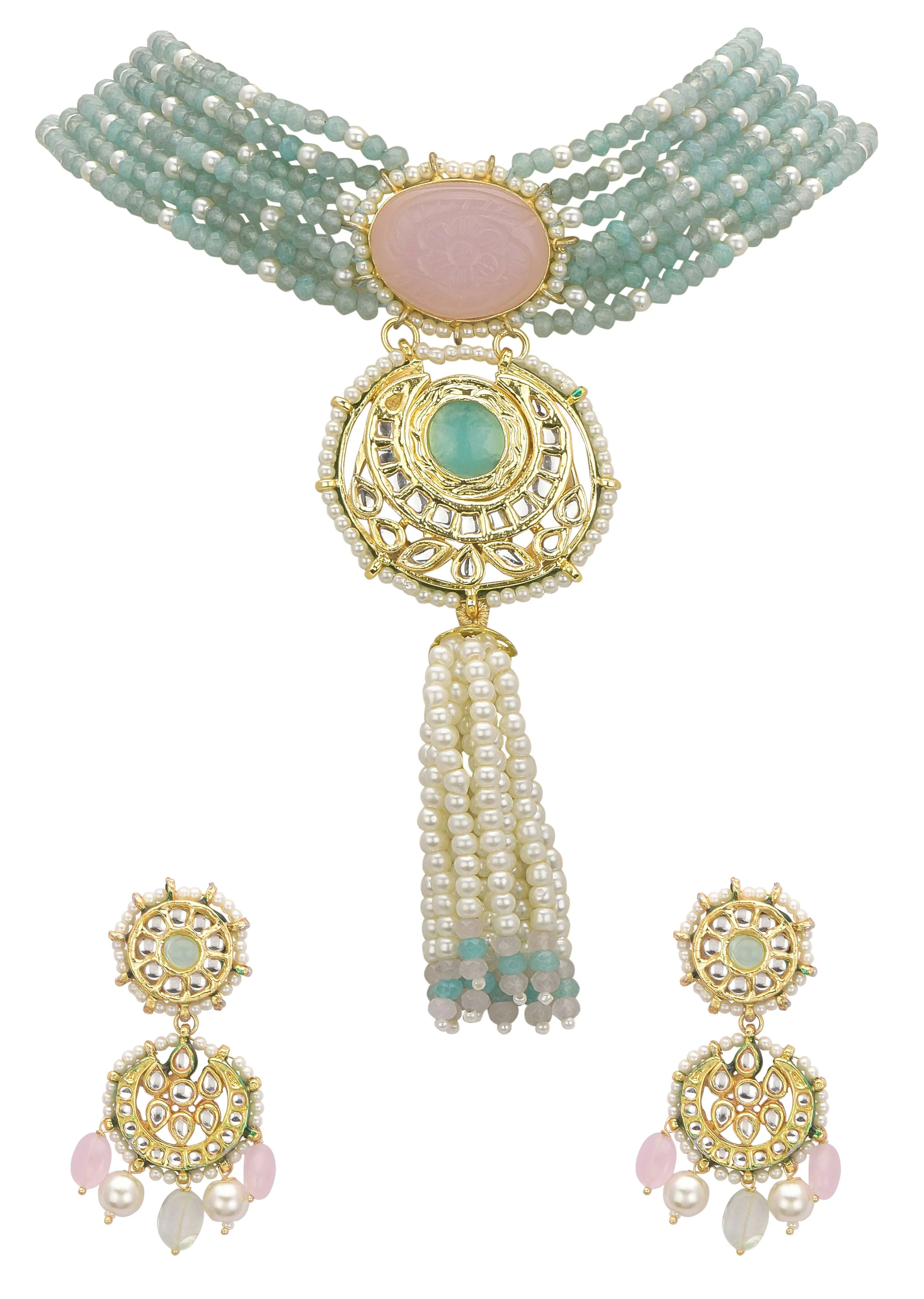 Pink And Green Pendant Necklace Set With Encrusted Kundan - Image 4