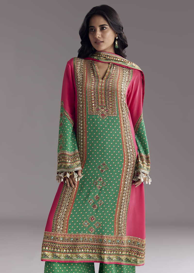 Pink And Green Printed Kurta Palazzo Set - Image 4