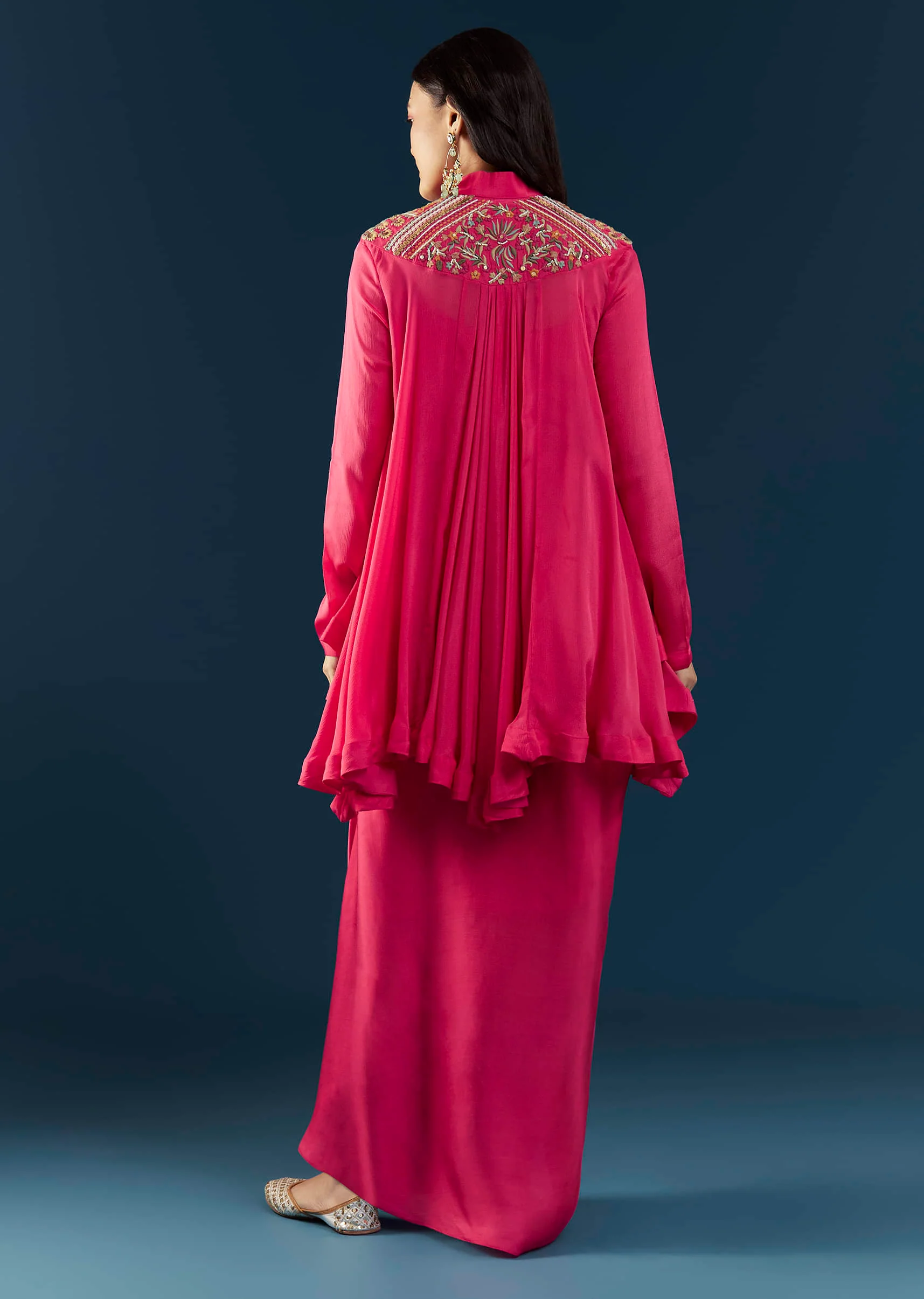 Pink Asymmetric Cape Top and Skirt Set - Image 5
