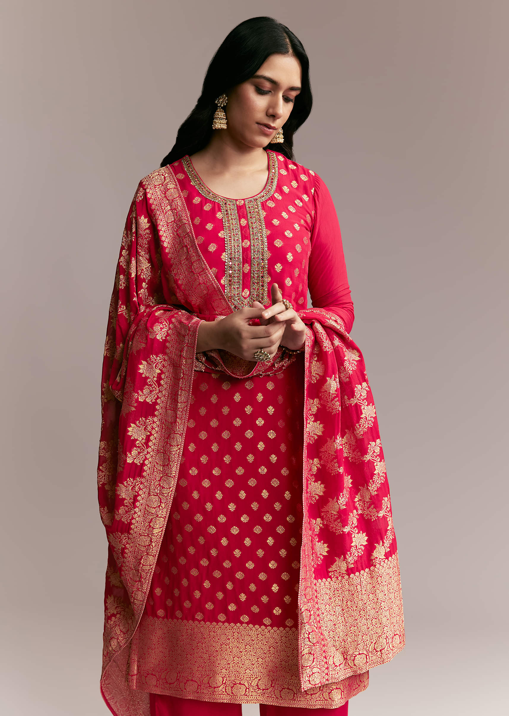 Pink Banarasi Kurta Set with Mirror Work - Image 4
