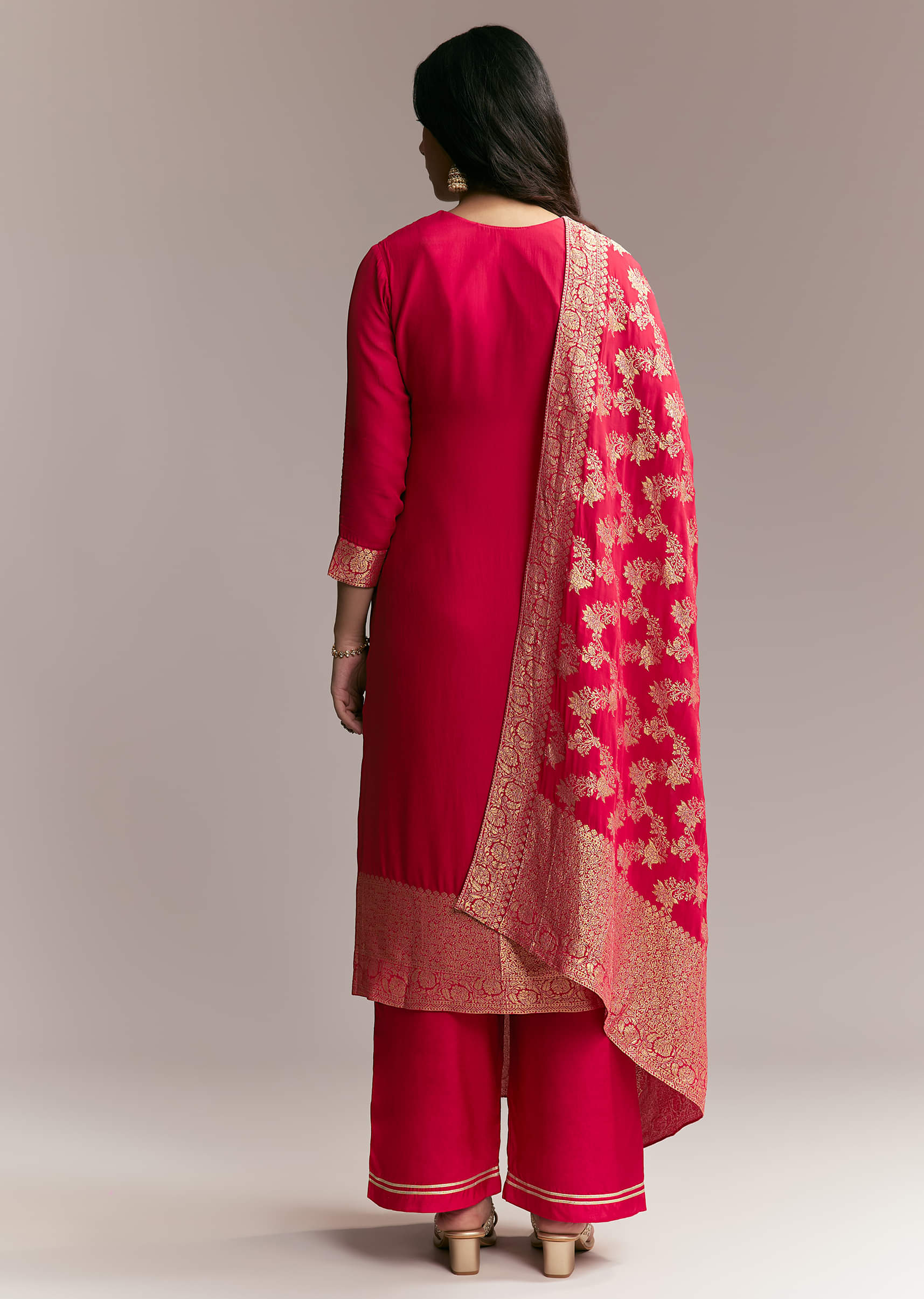Pink Banarasi Kurta Set with Mirror Work - Image 5