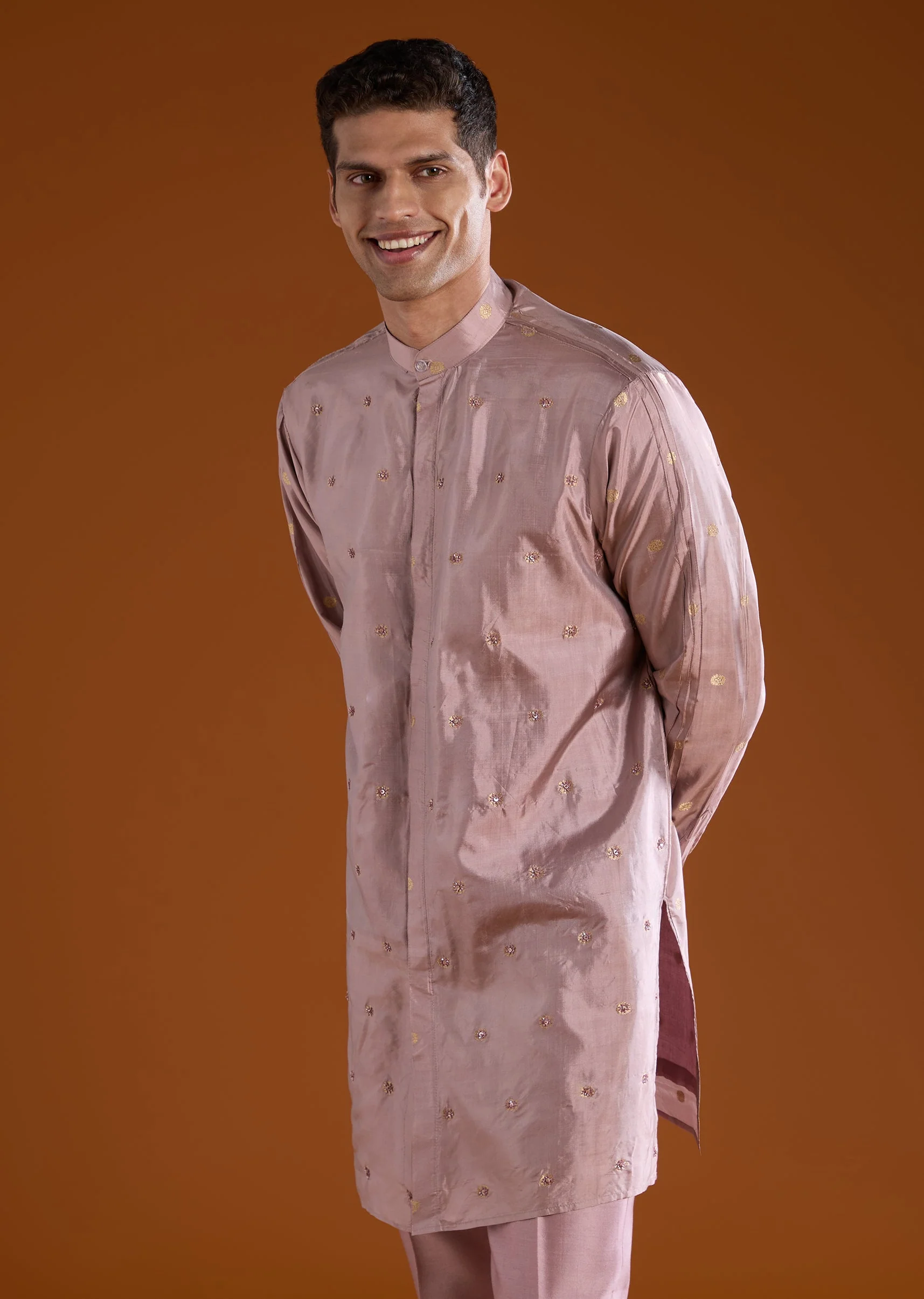 Pink Banarasi Silk Cutdana Work Kurta Pant Set - Image 4