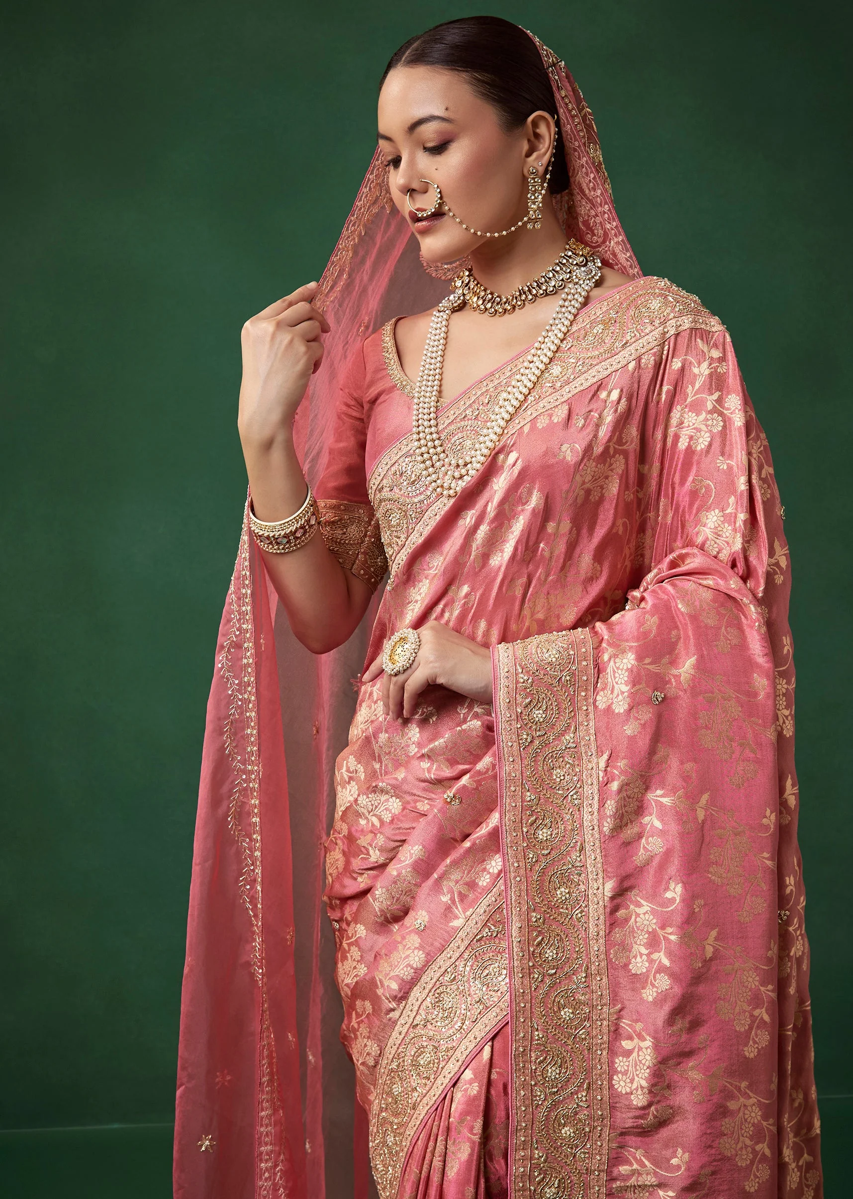 Pink Banarasi Silk Floral Jaal Weave Saree with Unstitched Blouse - Image 5