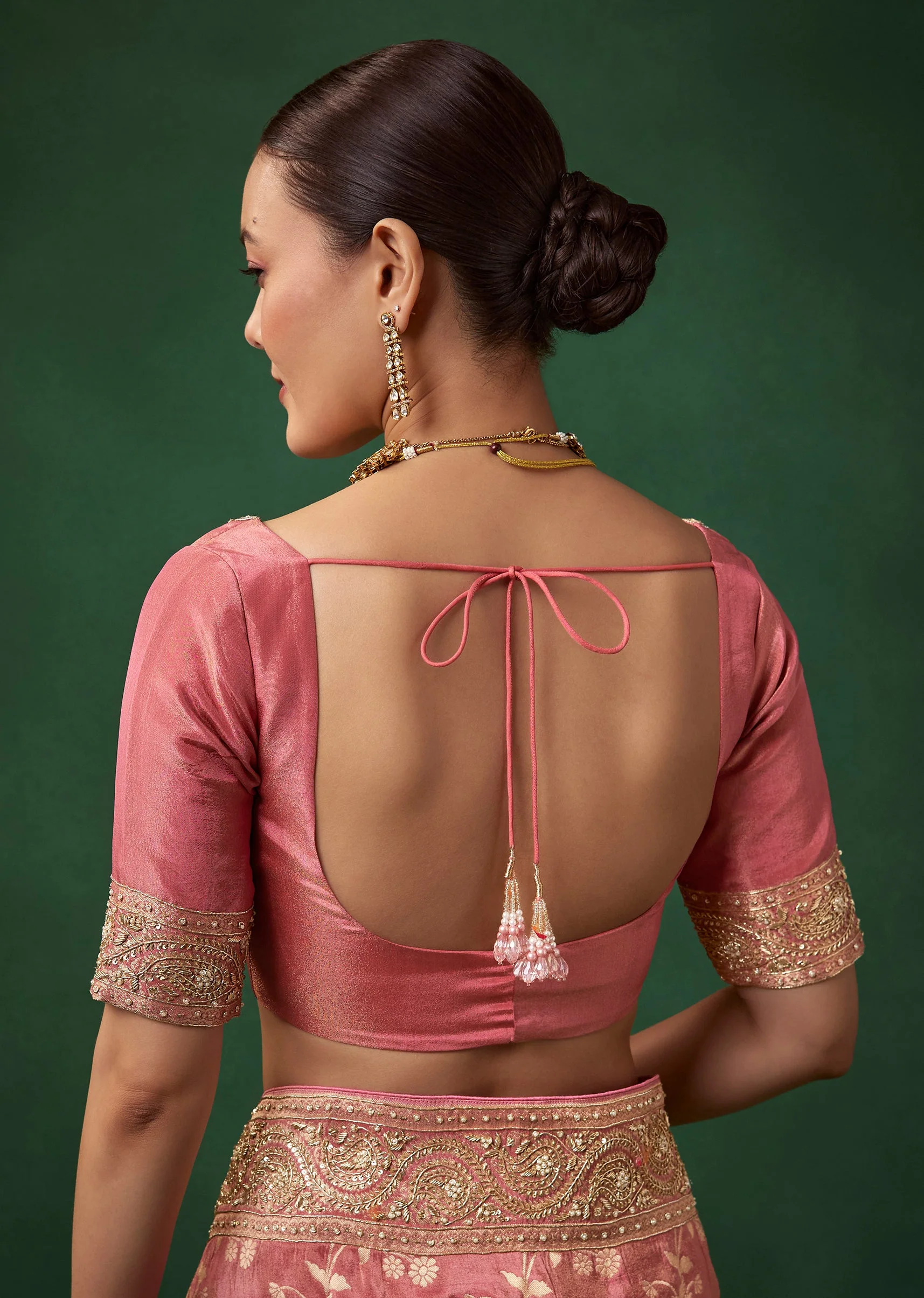 Pink Banarasi Silk Floral Jaal Weave Saree with Unstitched Blouse - Image 8
