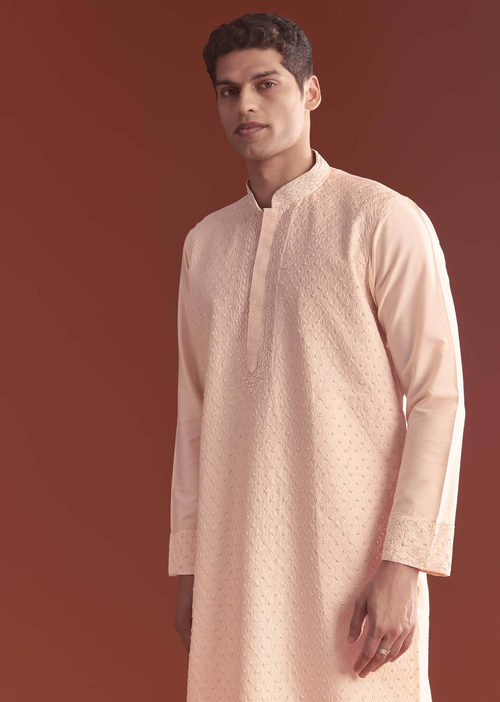 Pink Banarasi Silk Kurta Set For Men With Intricate Hand Work - Image 3