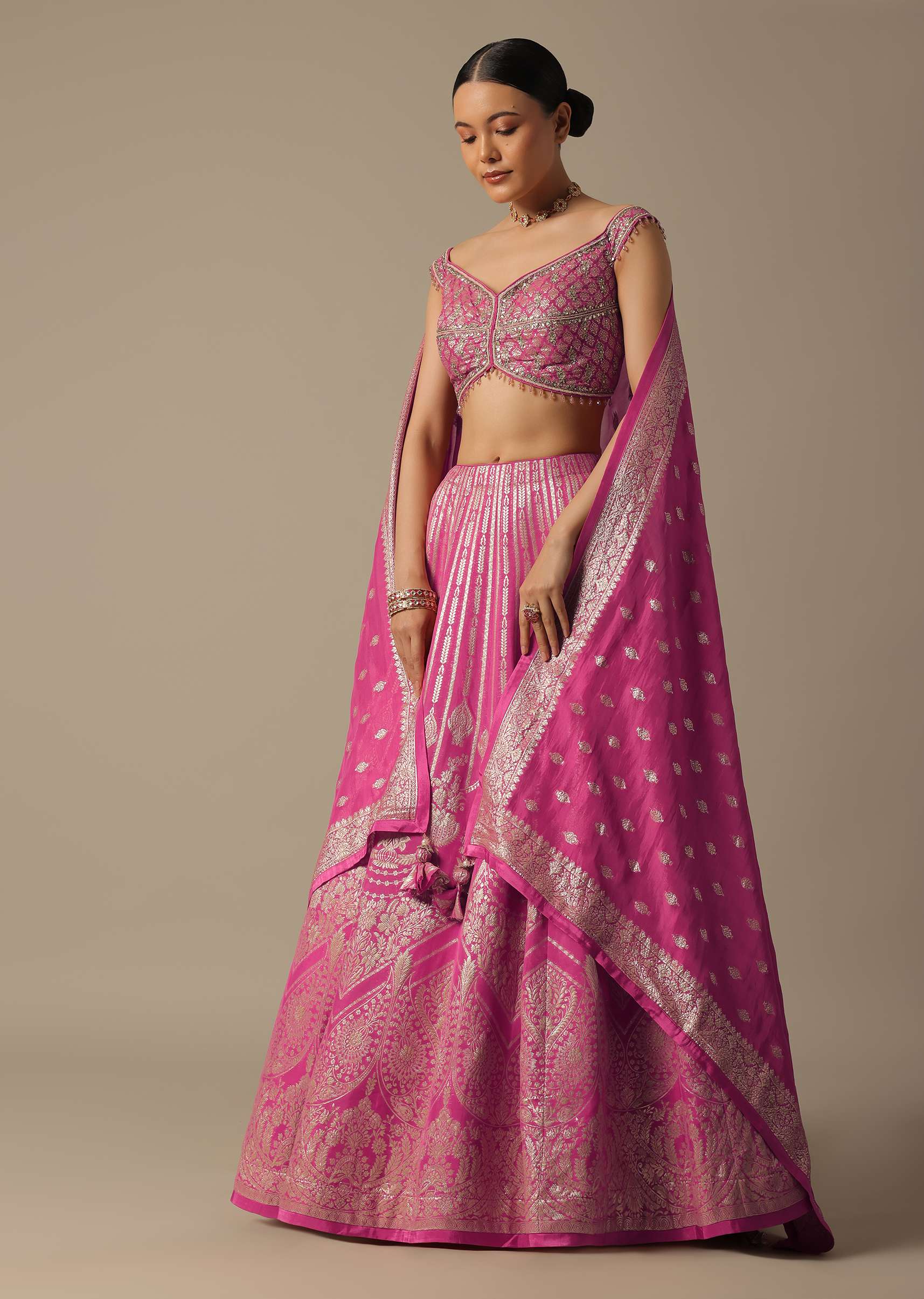Pink Banarasi Silk Lehenga Set With Gota Patti - Image 3