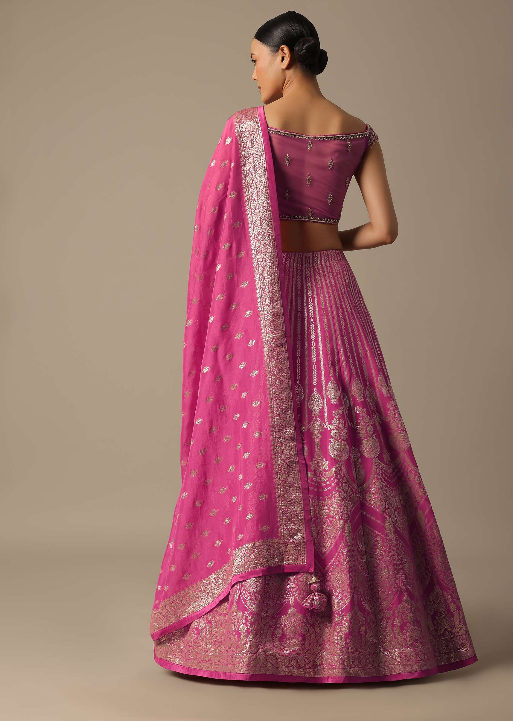 Pink Banarasi Silk Lehenga Set With Gota Patti - Image 7