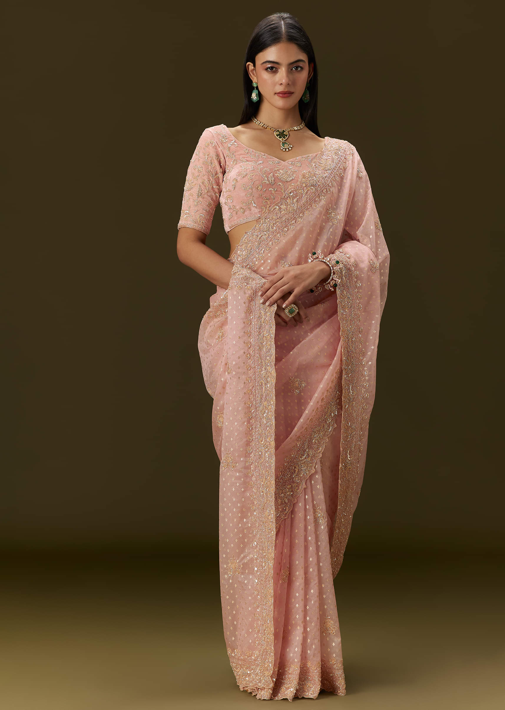 Pink Banarasi Tissue Saree With Velvet Embroidered Blouse - Image 2