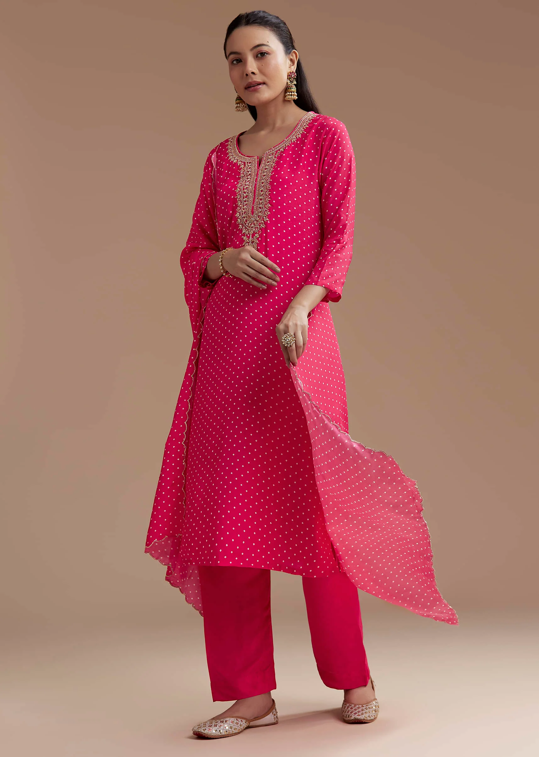 Pink Bandhani Printed Silk Kurta Set with Zari Work - Image 3