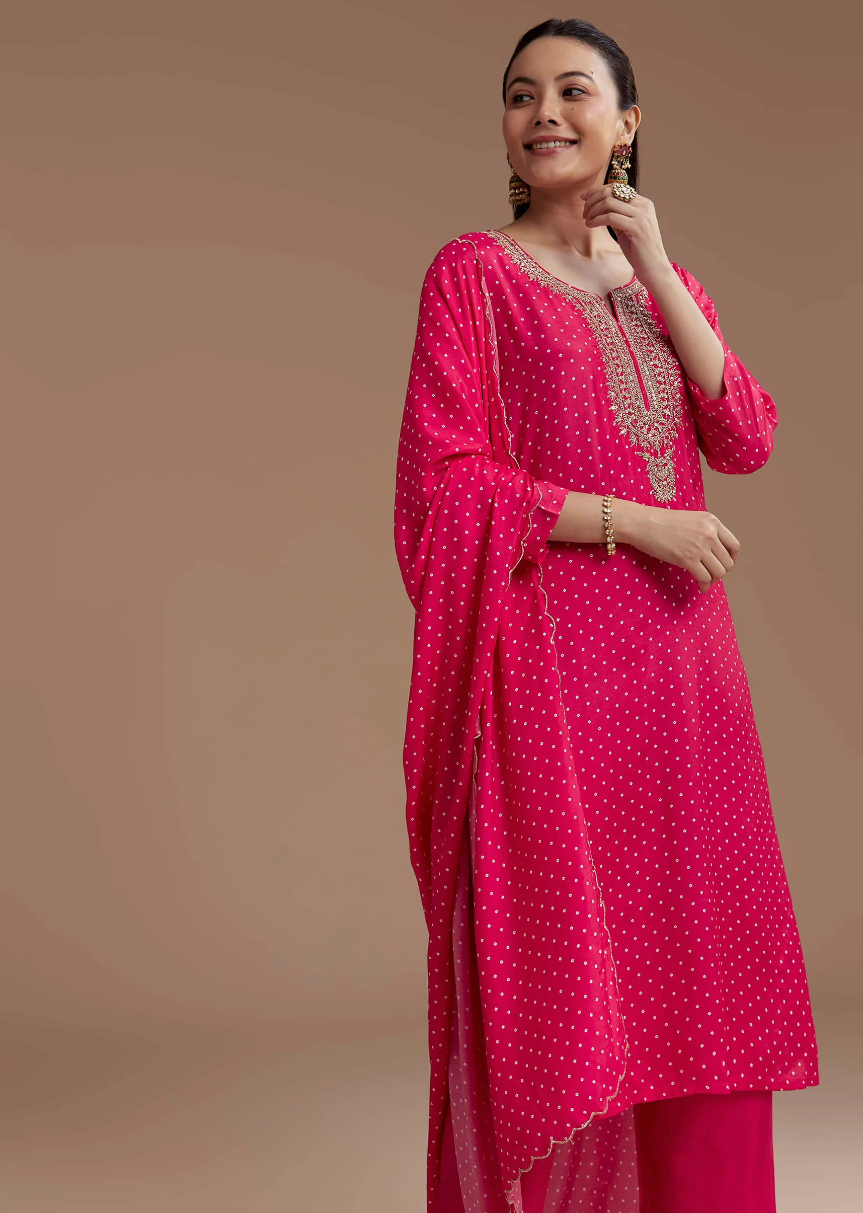 Pink Bandhani Printed Silk Kurta Set with Zari Work - Image 4