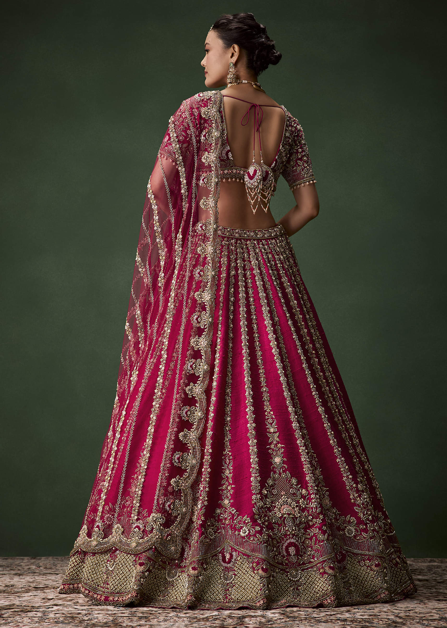 Pink Bridal Raw Silk Zardozi Lehenga Set with Two Dupattas - Image 2