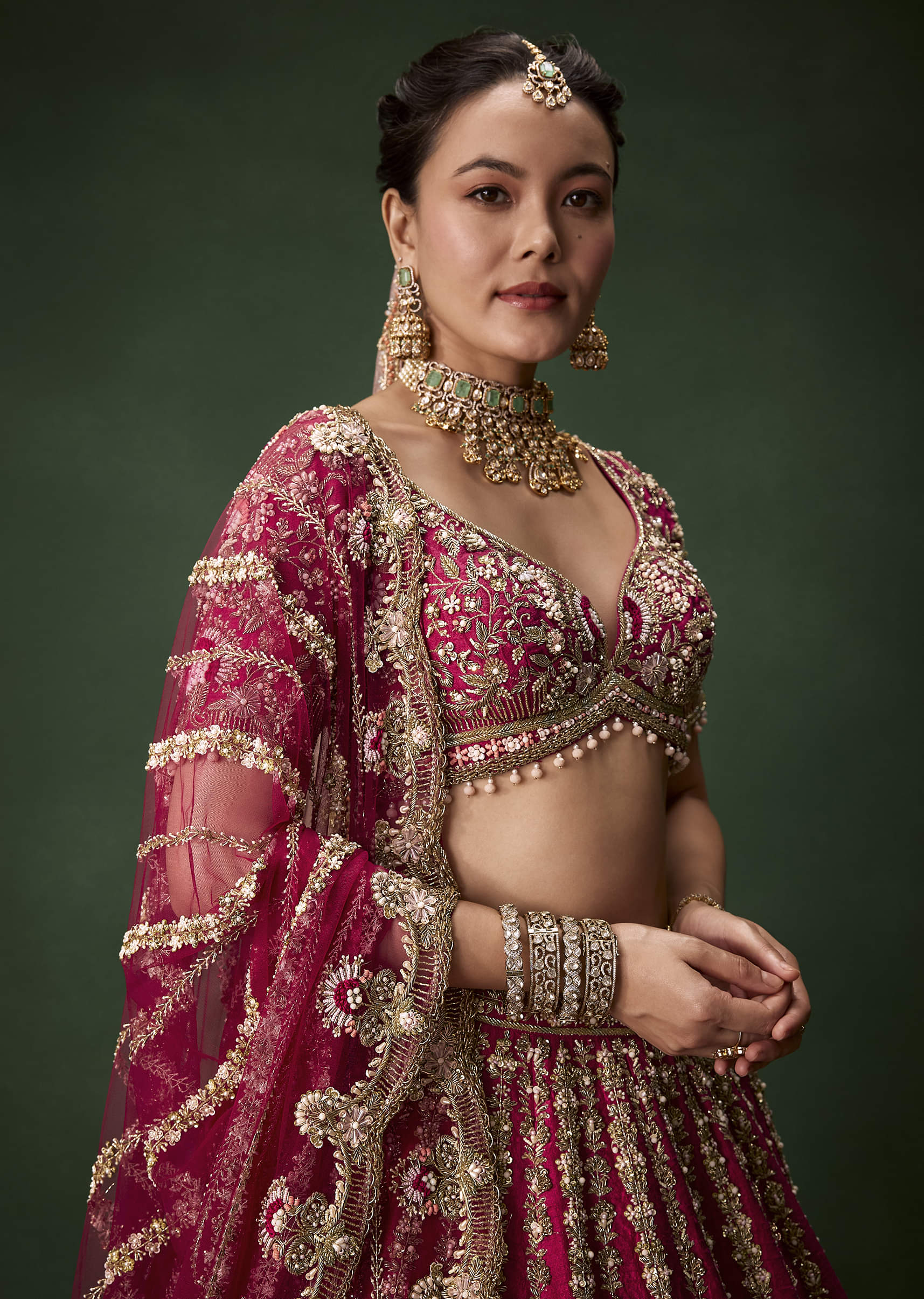 Pink Bridal Raw Silk Zardozi Lehenga Set with Two Dupattas - Image 3