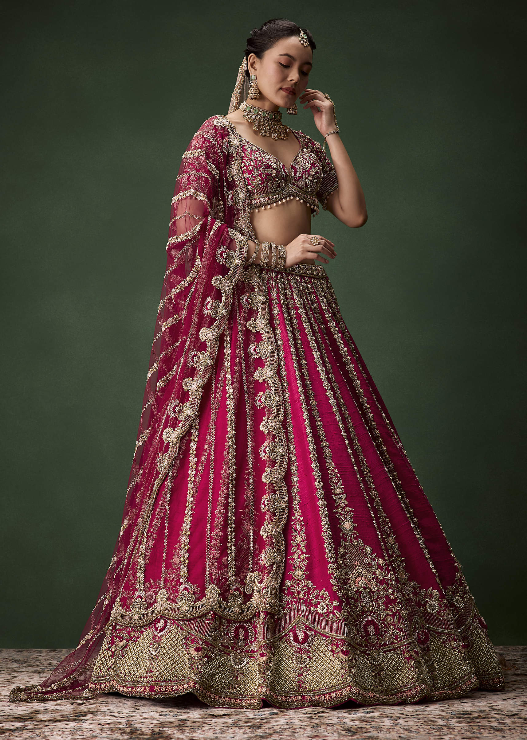 Pink Bridal Raw Silk Zardozi Lehenga Set with Two Dupattas - Image 4
