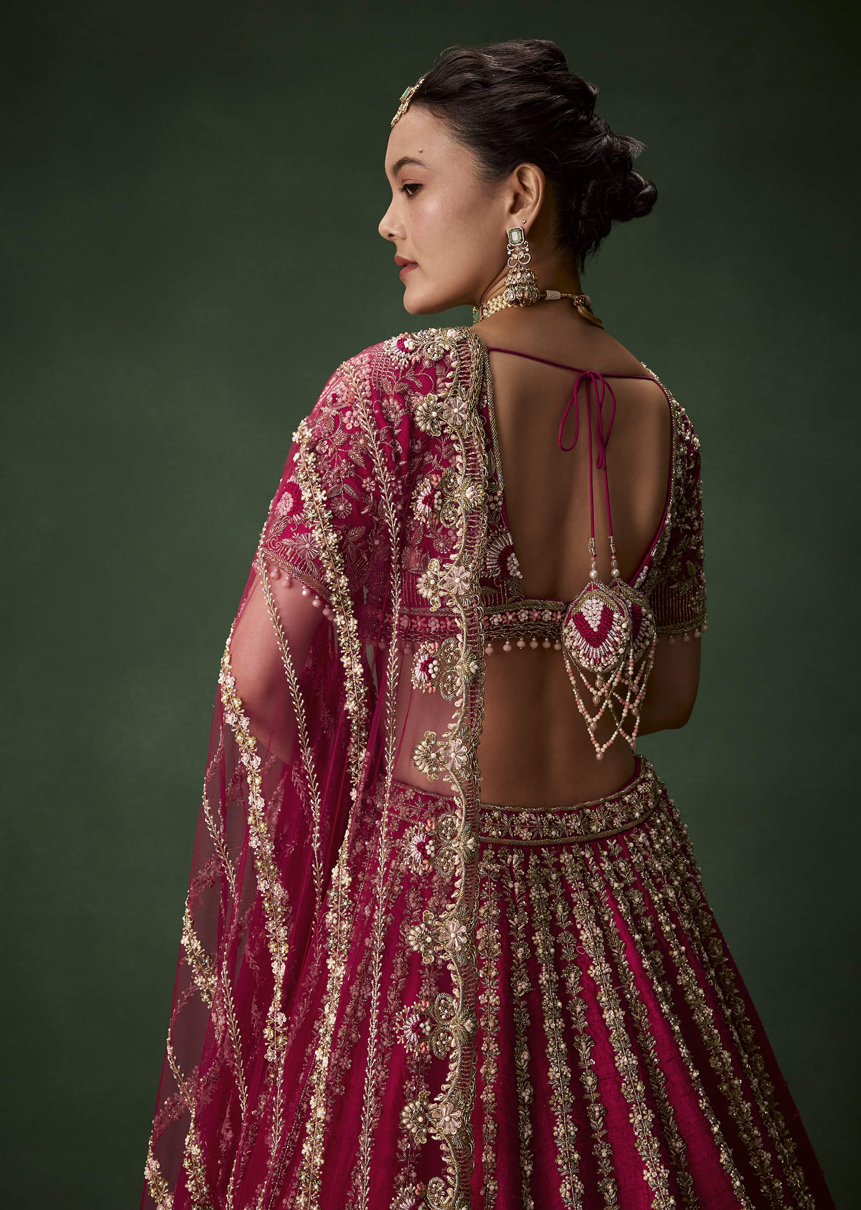 Pink Bridal Raw Silk Zardozi Lehenga Set with Two Dupattas - Image 5