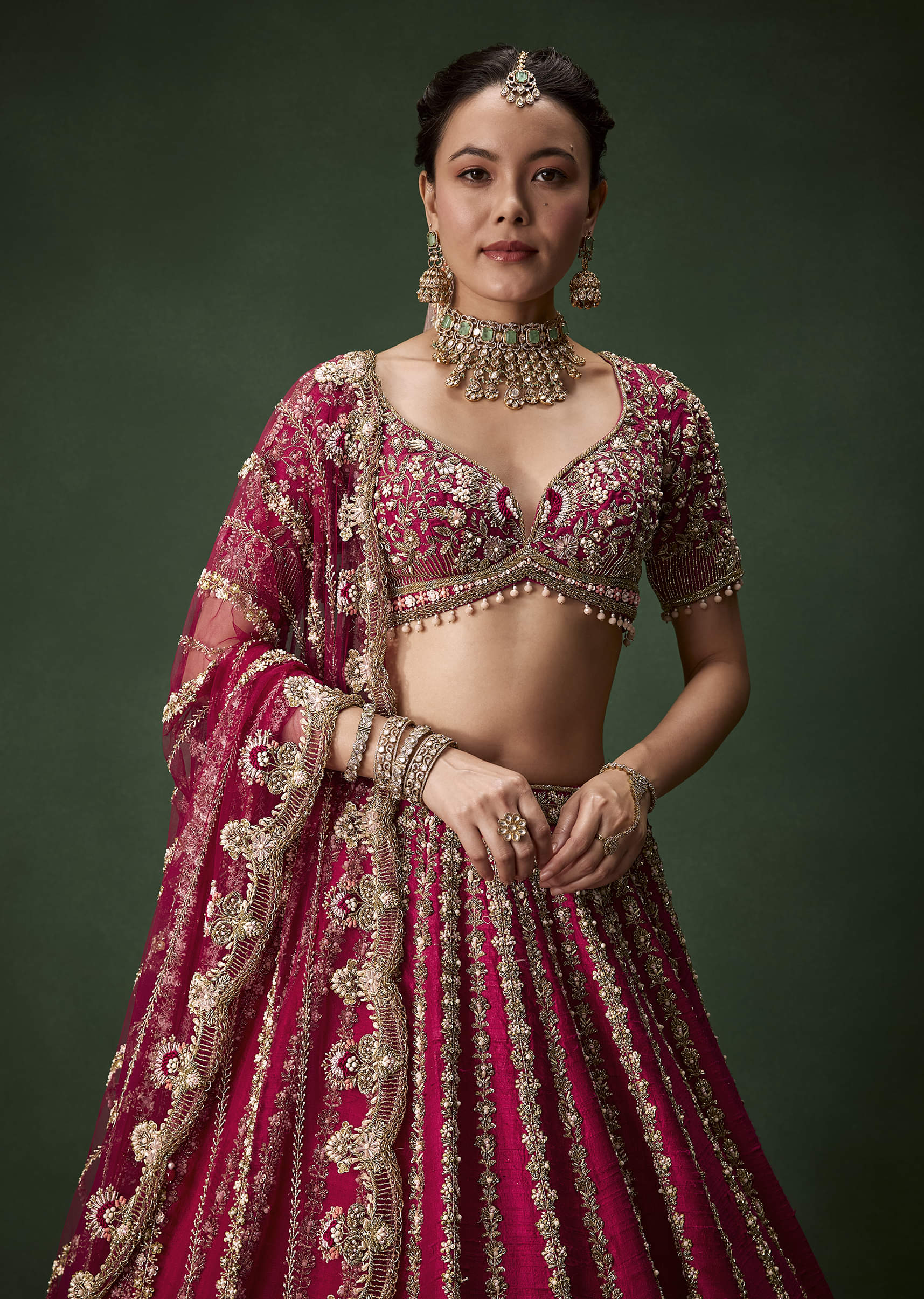 Pink Bridal Raw Silk Zardozi Lehenga Set with Two Dupattas - Image 6