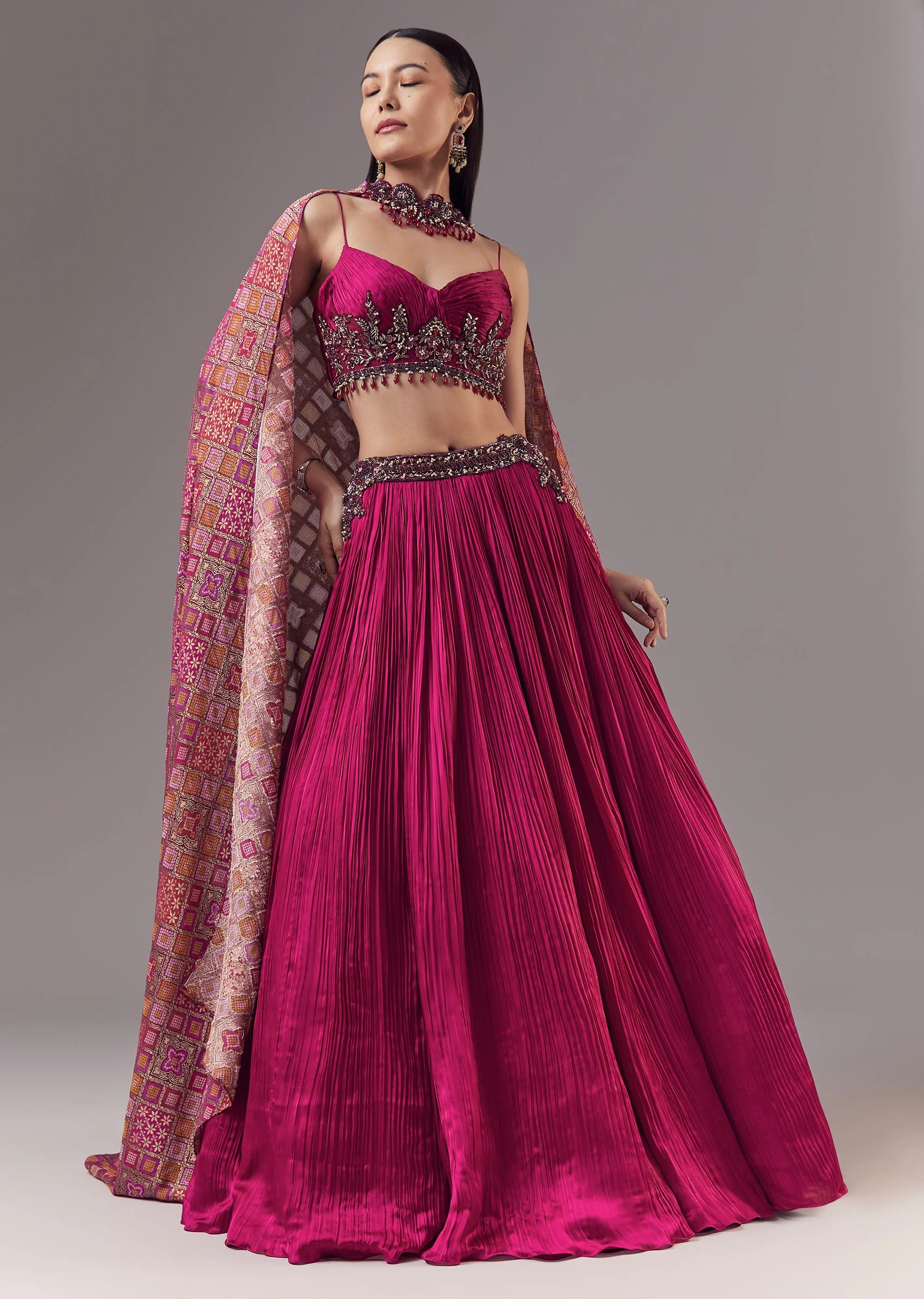 Pink Bridesmaid Lehenga Set with Ruched and Tassel Detail - Image 4
