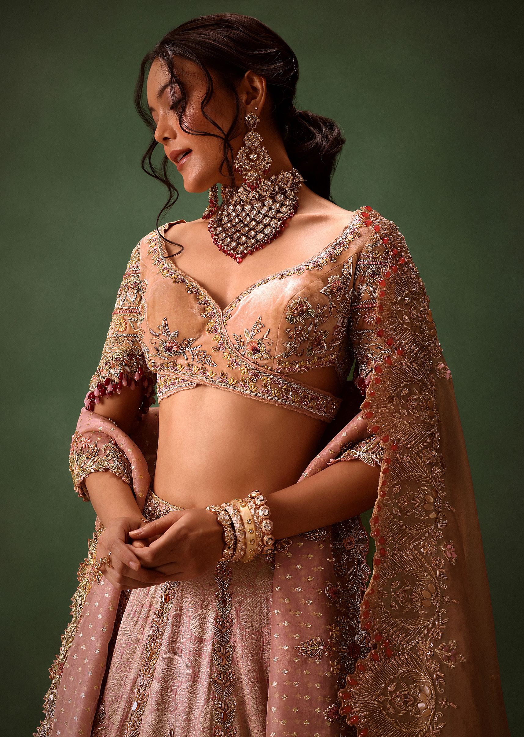 Pink Brocade Velvet Lehenga Choli With Two Scallop Dupattas - Image 2