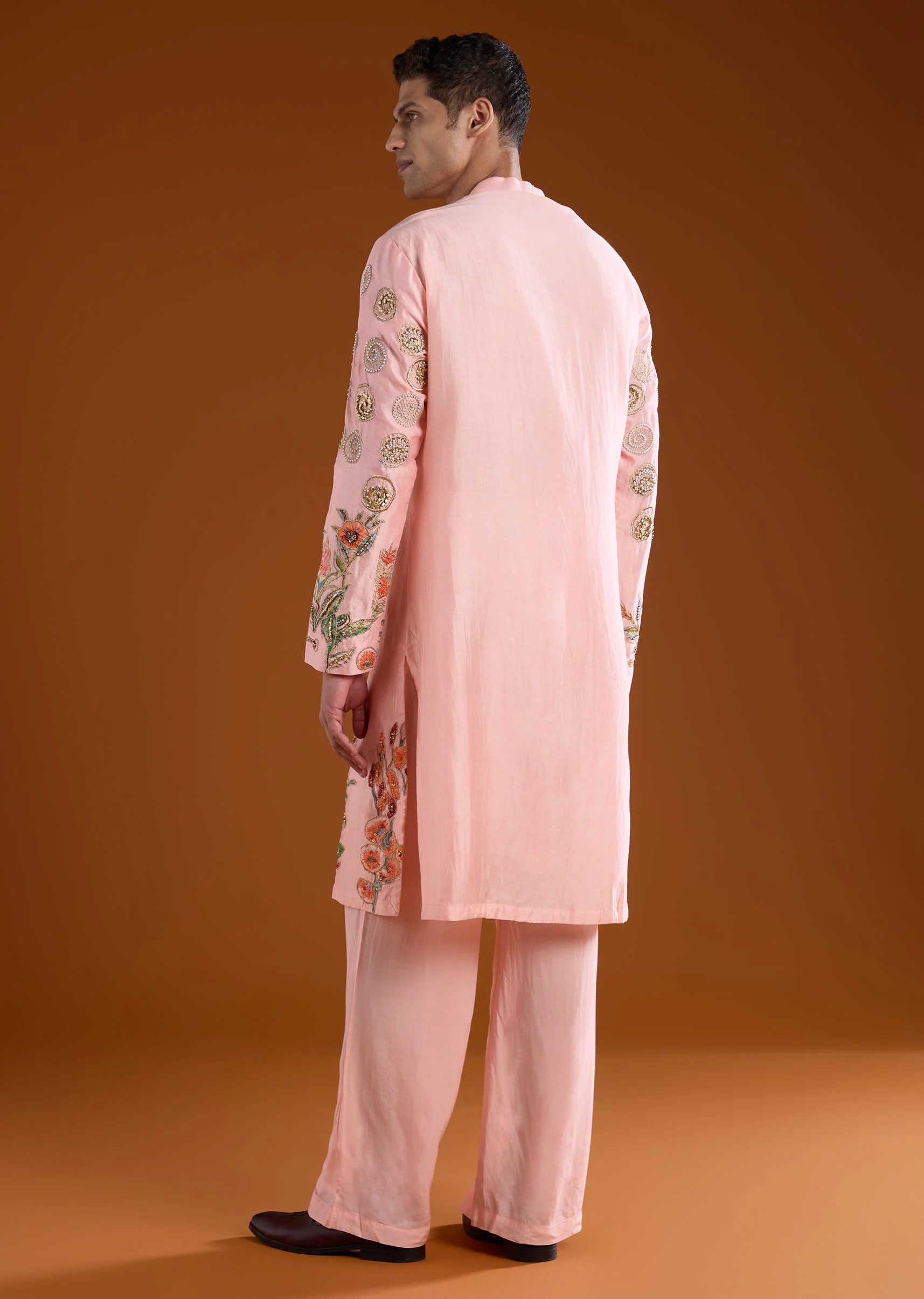 Pink Chanderi Embroidered Mens Kurta Pant Set - Image 5