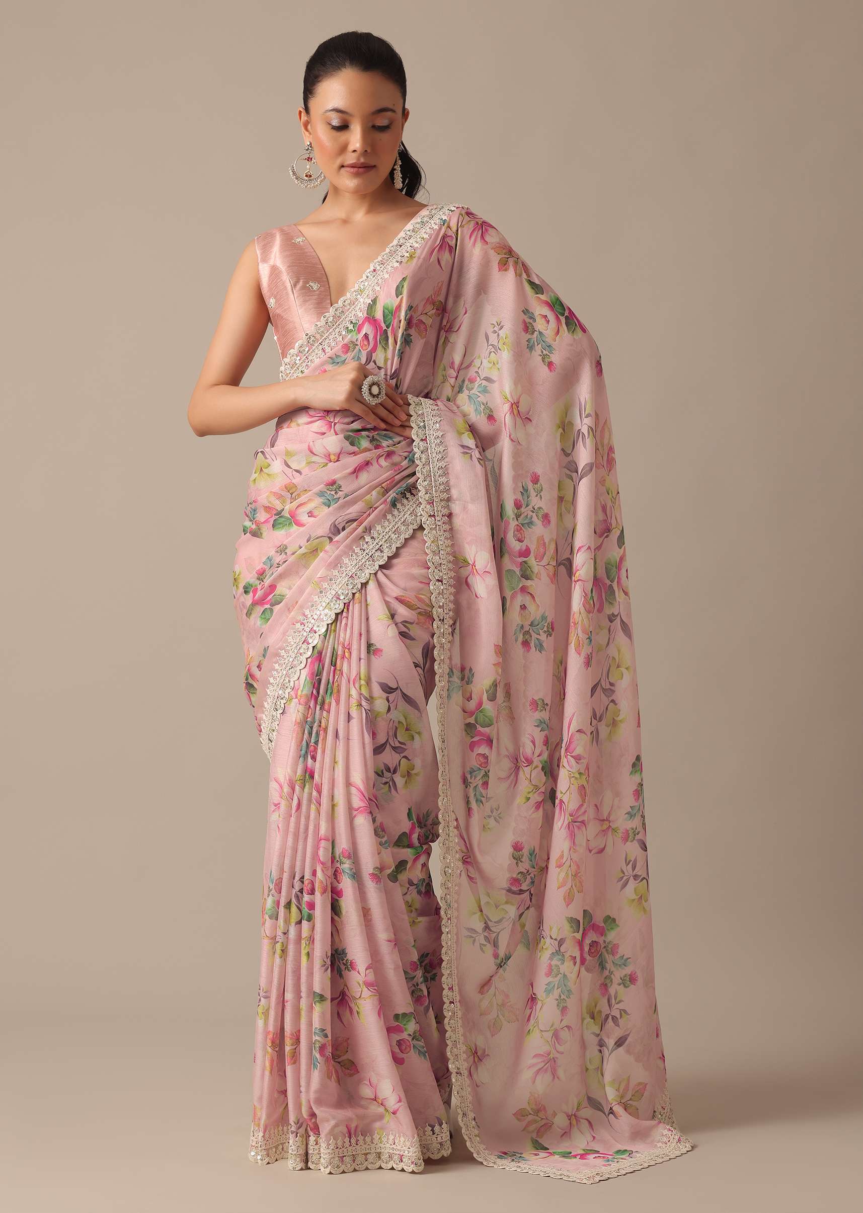 Pink Chiffon Saree With Floral Prints And Unstitched Blouse Piece - Image 3
