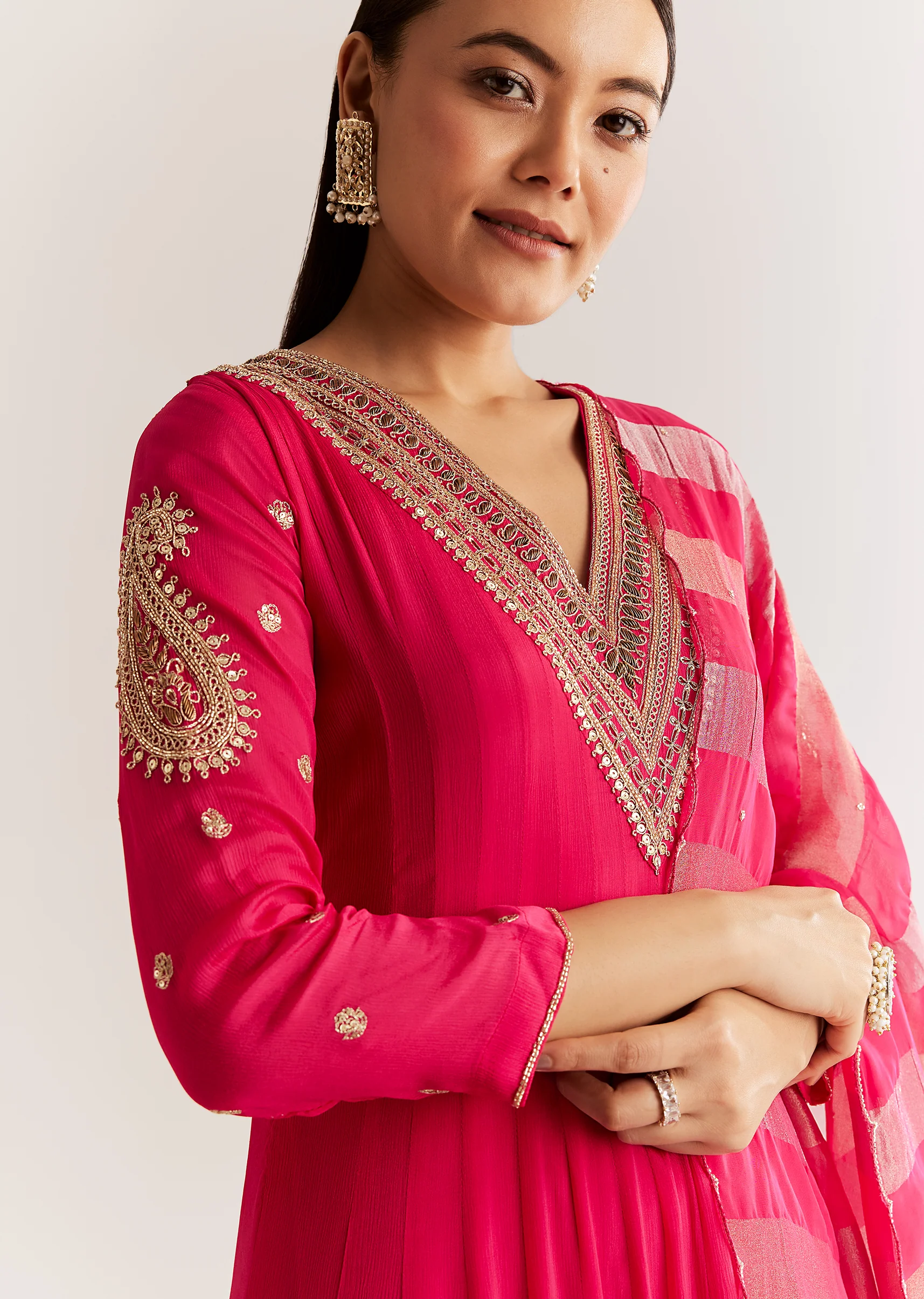 Pink Chinon Anarkali Set With Zardosi Sequins And Cutdana Work - Image 2