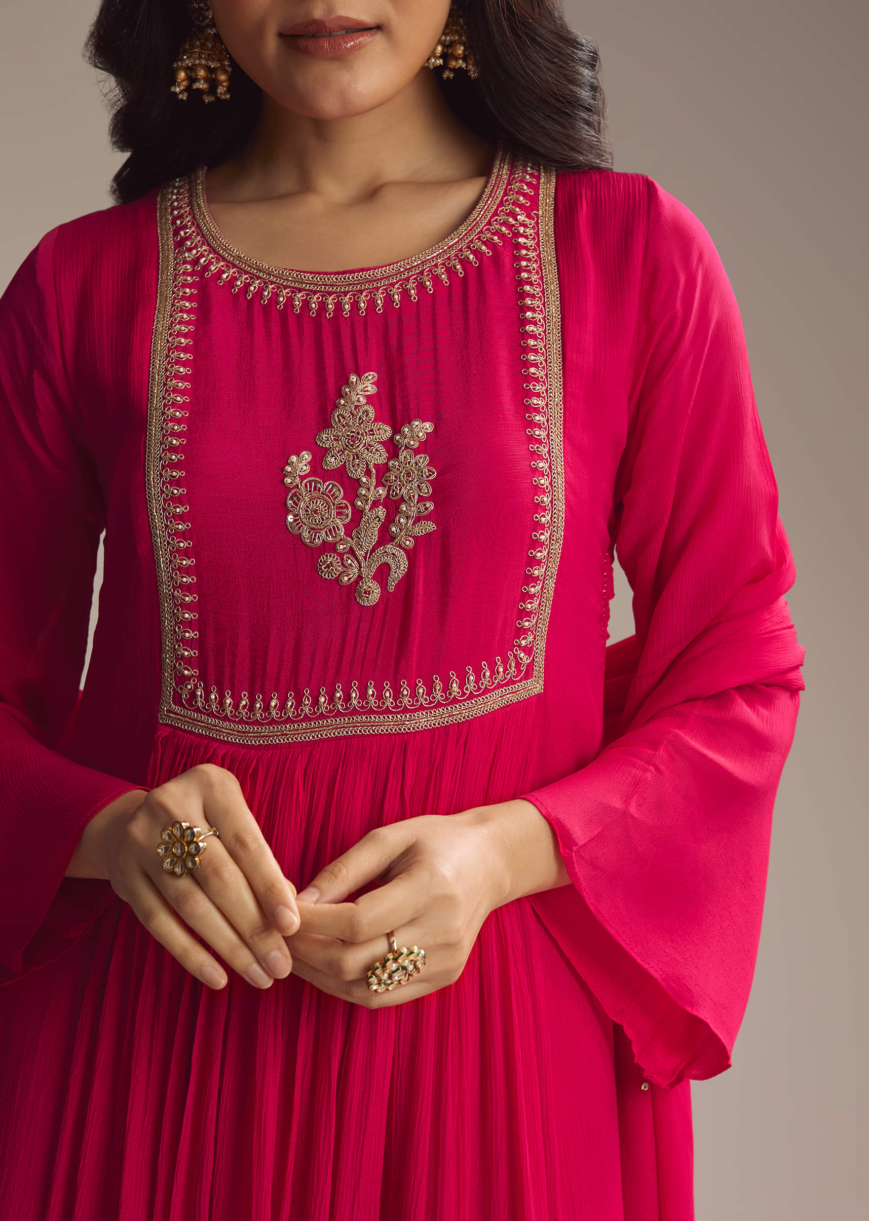 Pink Chinon Anarkali Suit With Zari Work - Image 2
