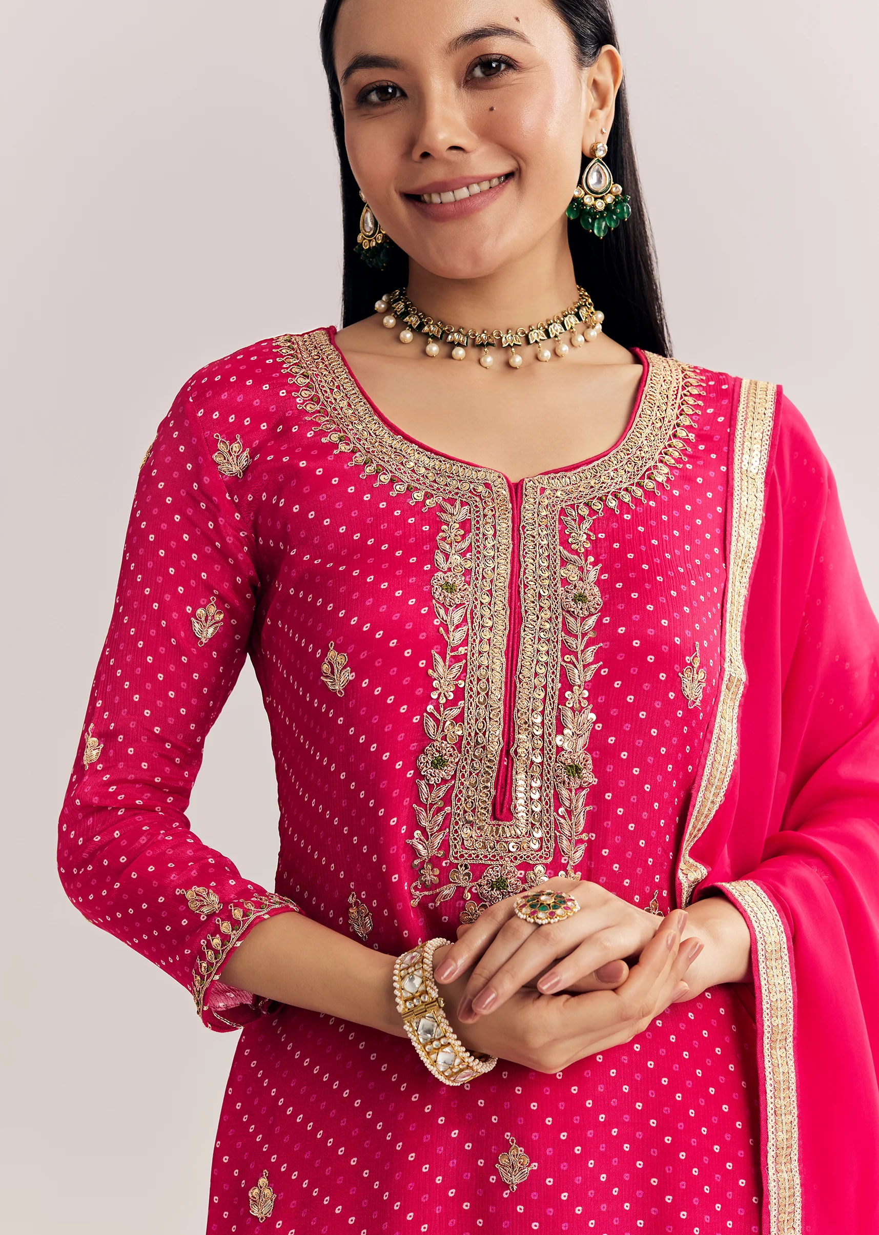 Pink Chinon Bandhani Palazzo Suit - Image 2