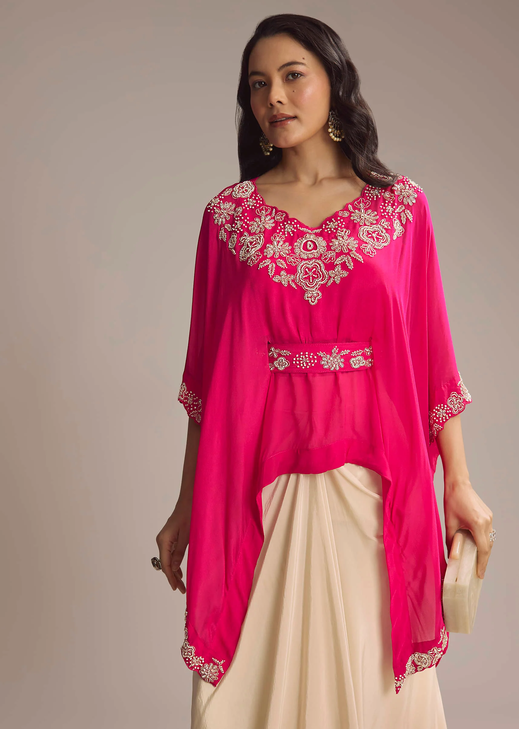 Pink Chinon Crop Top And Drape Skirt With Sequins And Moti Work - Image 4