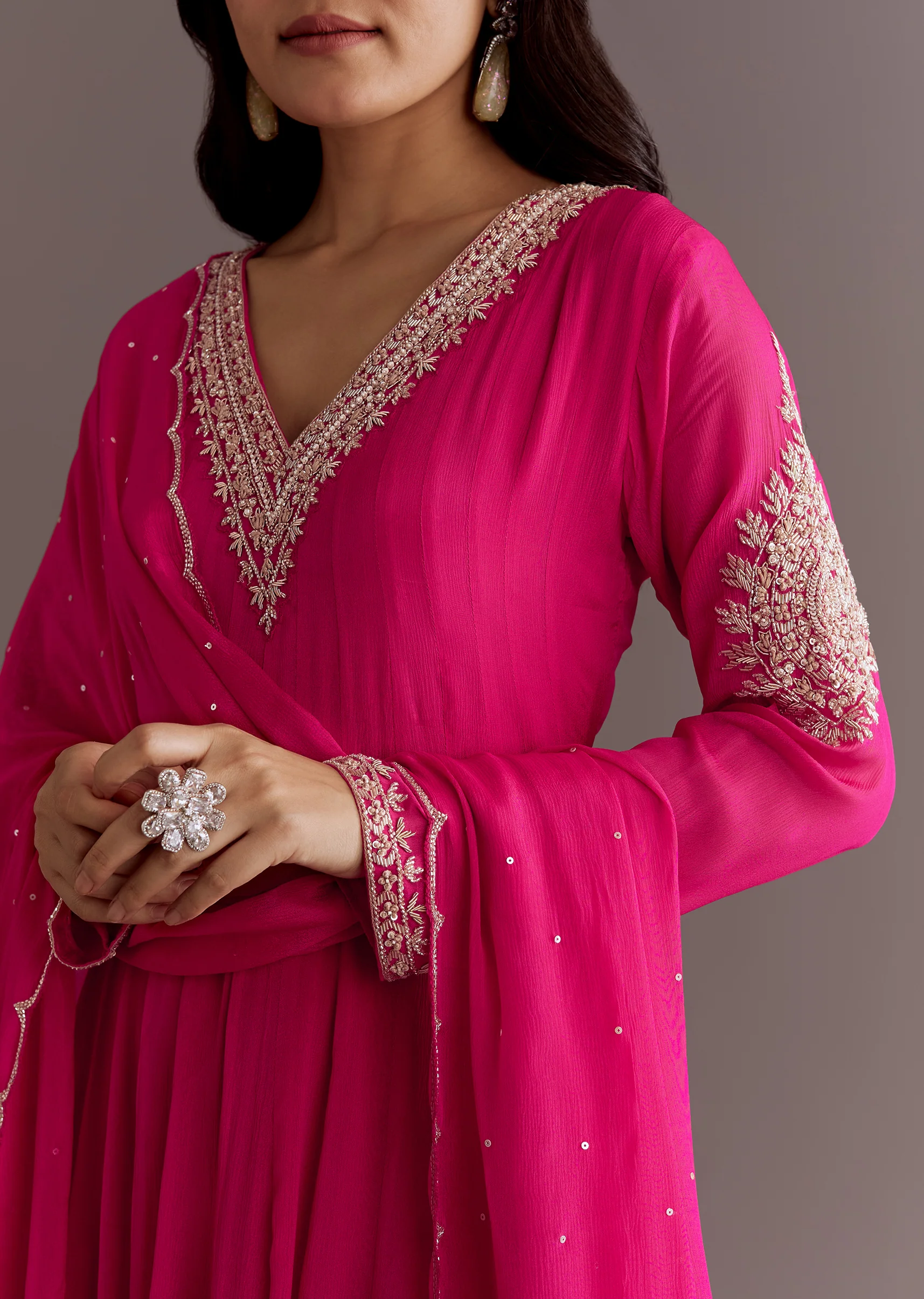 Pink Chinon Cutdana Embroidered Anarkali Dupatta Suit - Image 2