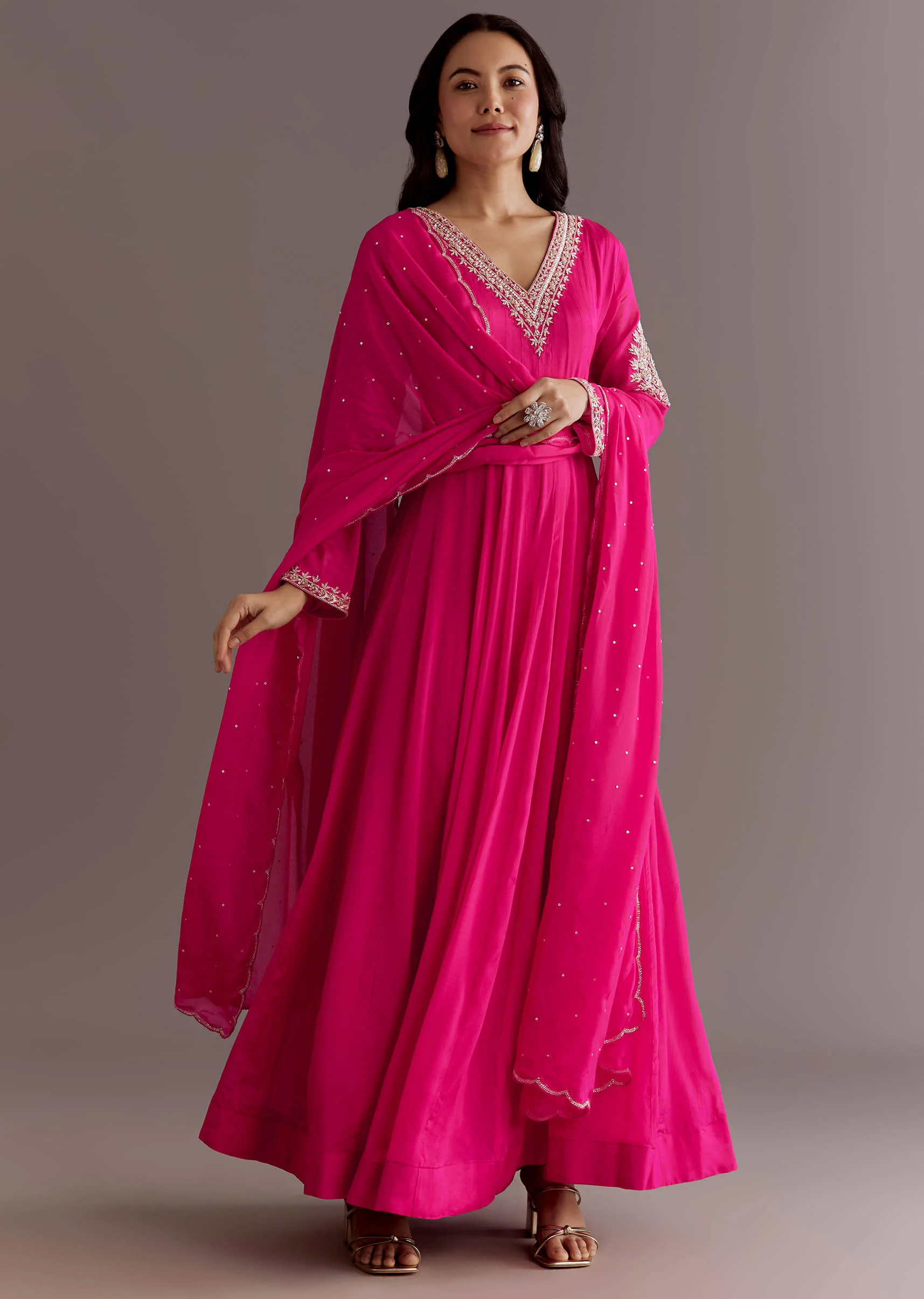 Pink Chinon Cutdana Embroidered Anarkali Dupatta Suit - Image 4