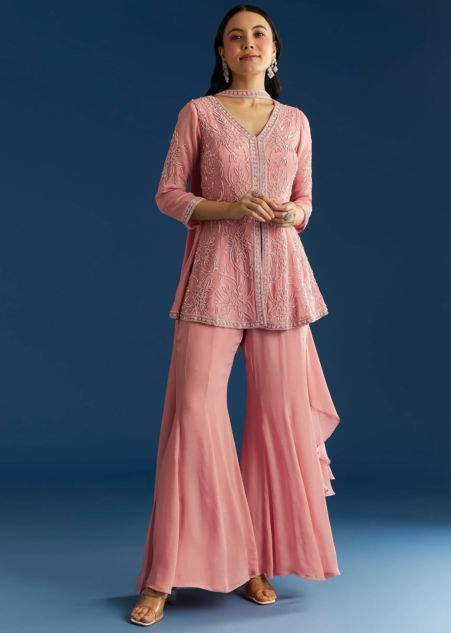 Pink Chinon Kurta Set With Choker Style Dupatta - Image 3
