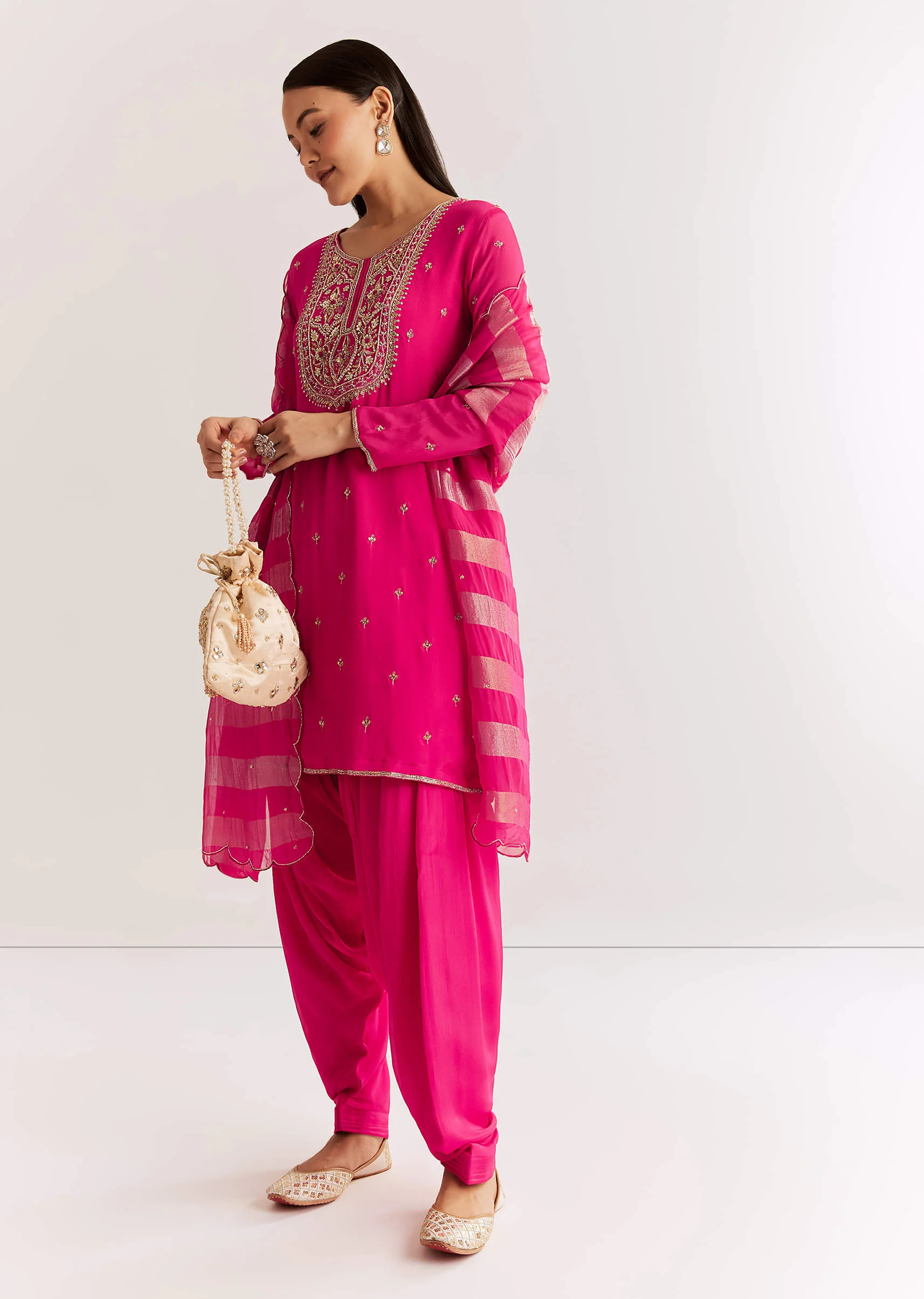 Pink Chinon Kurta Set With Zardosi And Cutdana Dupatta - Image 3
