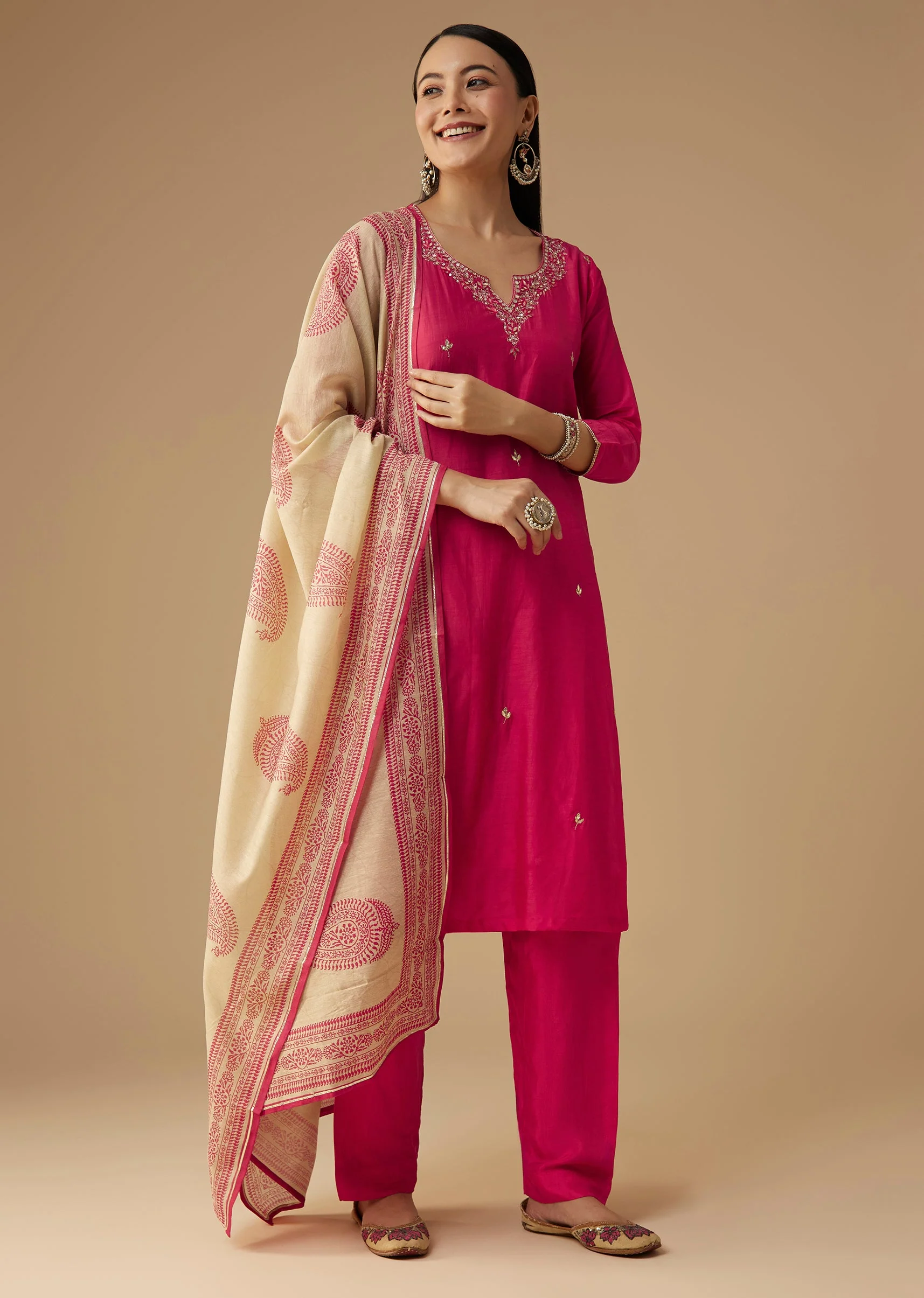 Pink Cotton Silk Gota Work Kurta Set - Image 3