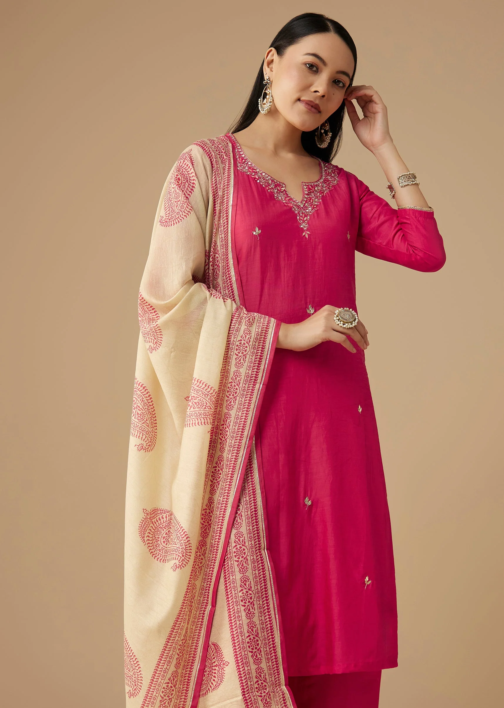 Pink Cotton Silk Gota Work Kurta Set - Image 4