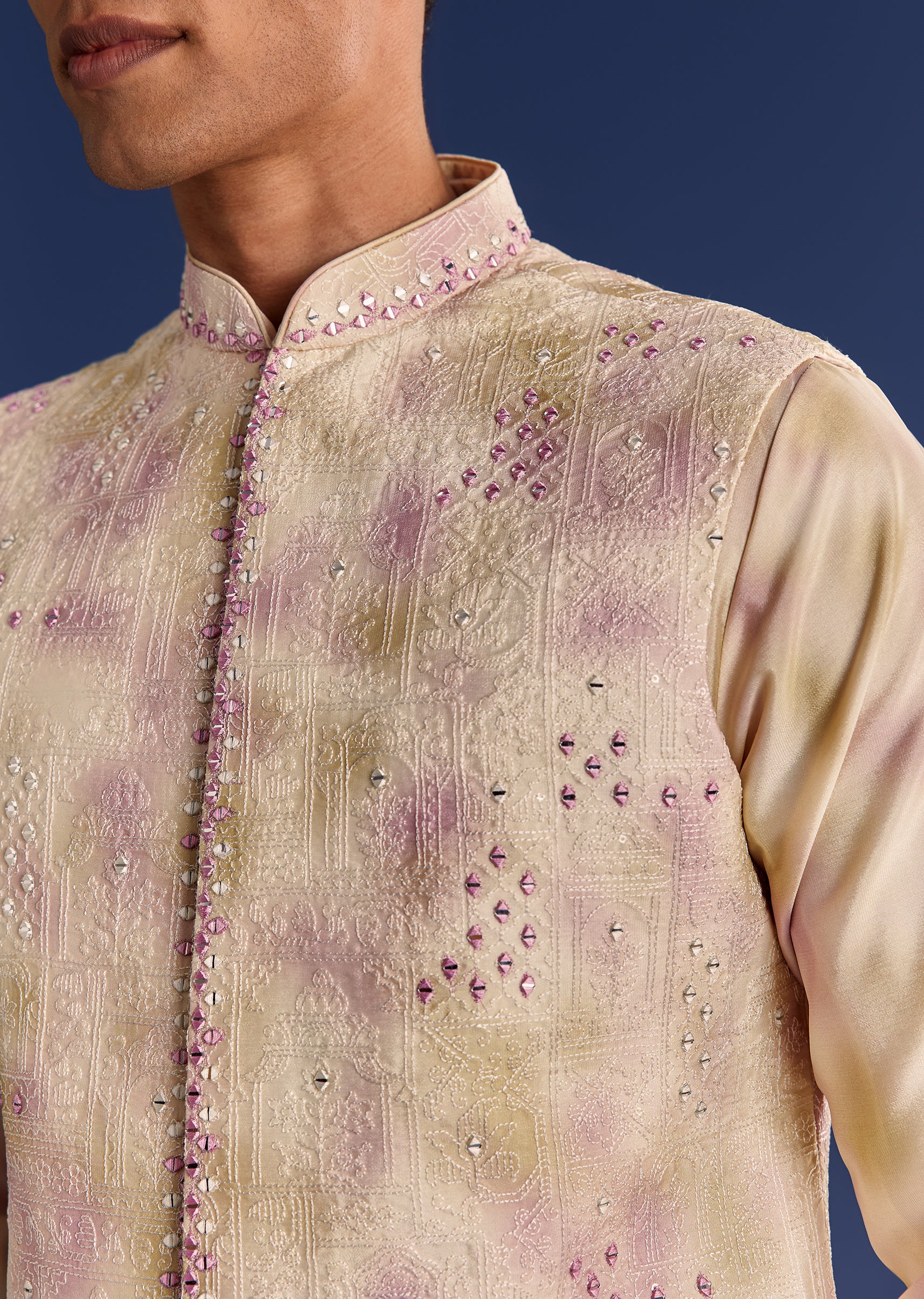 Pink Cotton Silk Tie Dye Printed Kurta Jacket Set With Mirror Work - Image 3