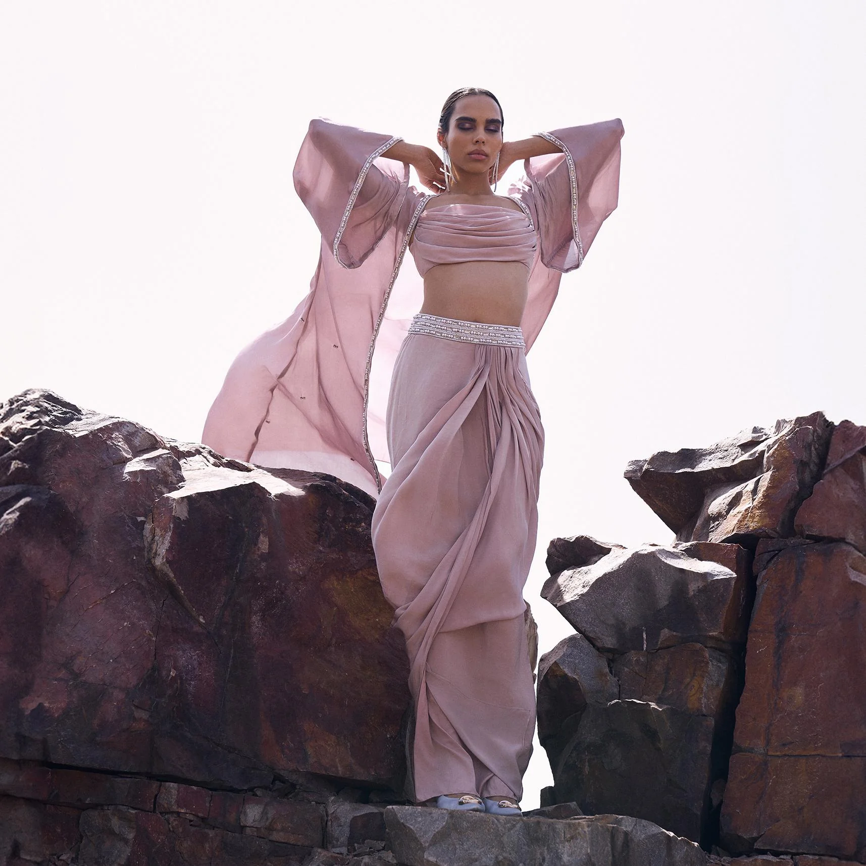 Pink Cowl Blouse With Draped Skirt And Jacket - Image 2