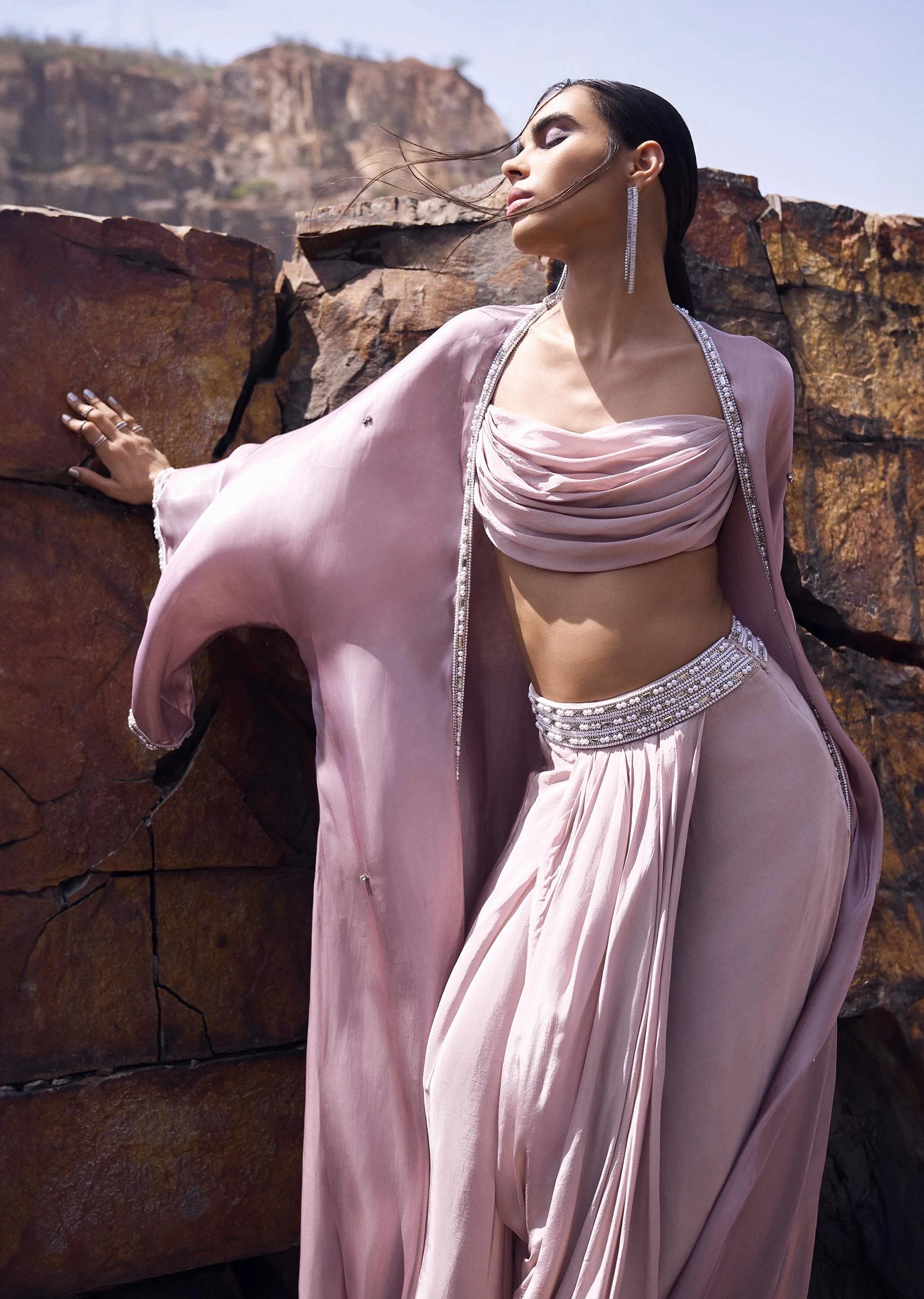 Pink Cowl Blouse With Draped Skirt And Jacket - Image 4