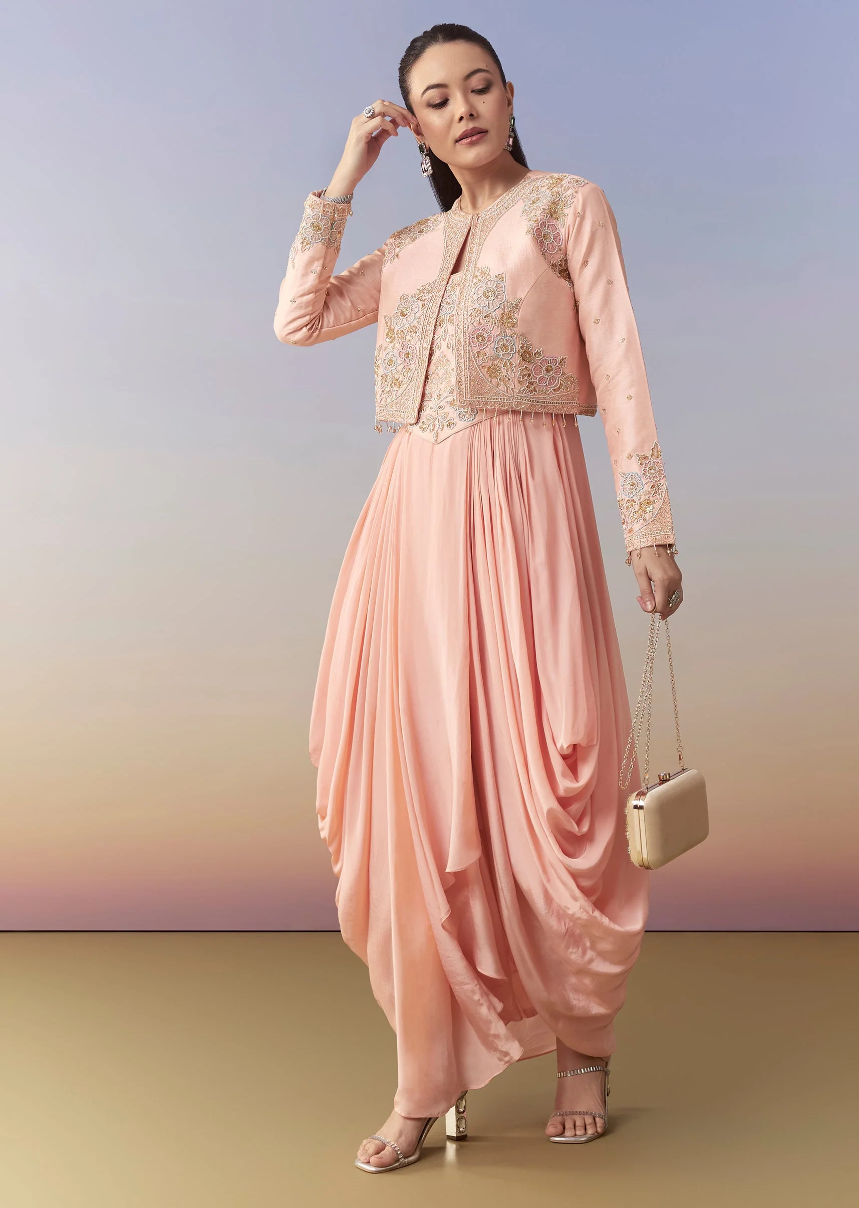 Pink Cowl Draped Gown and Jacket Set - Image 3
