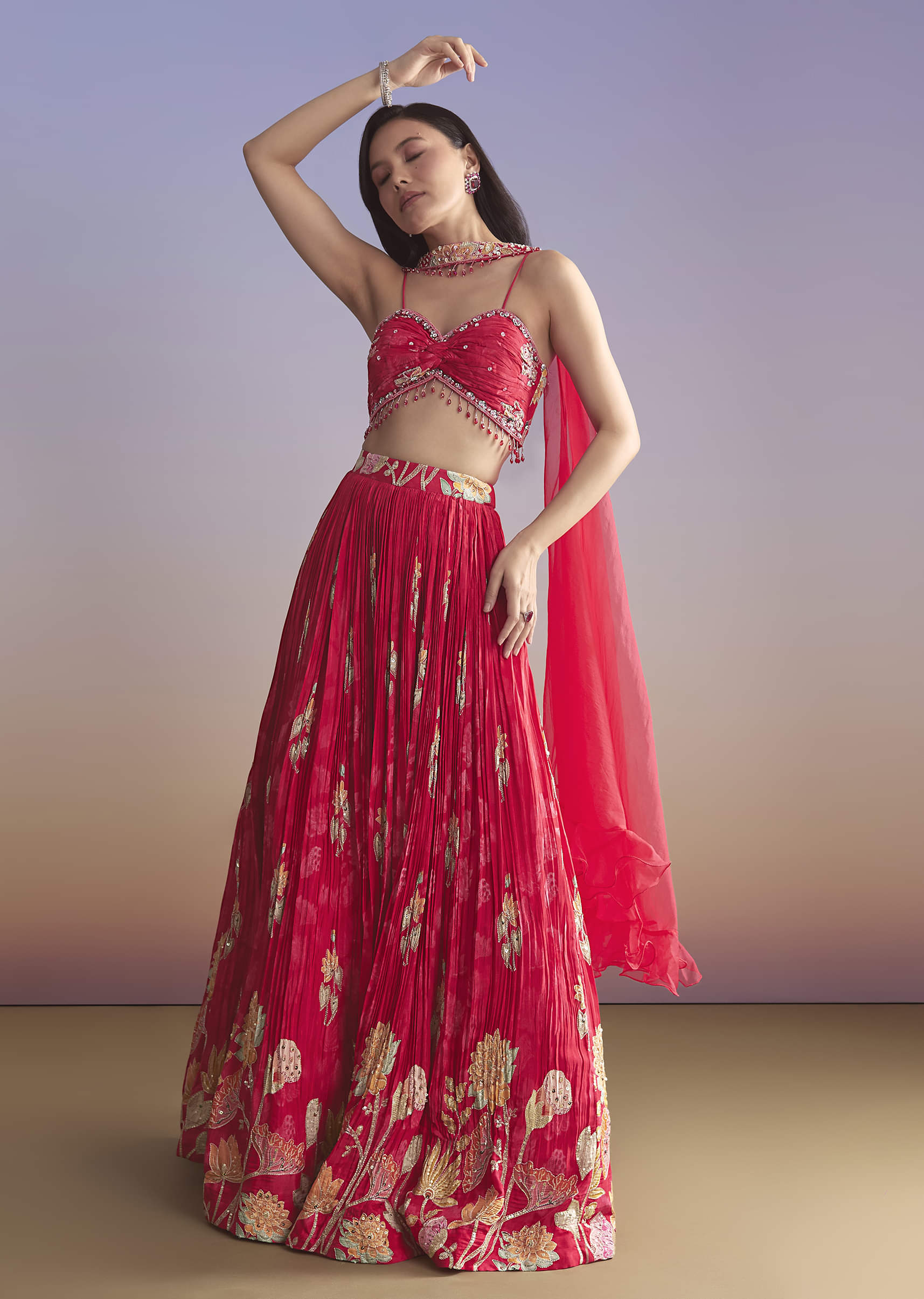 Pink Crepe Bridesmaid Lehenga With Floral Print - Image 4