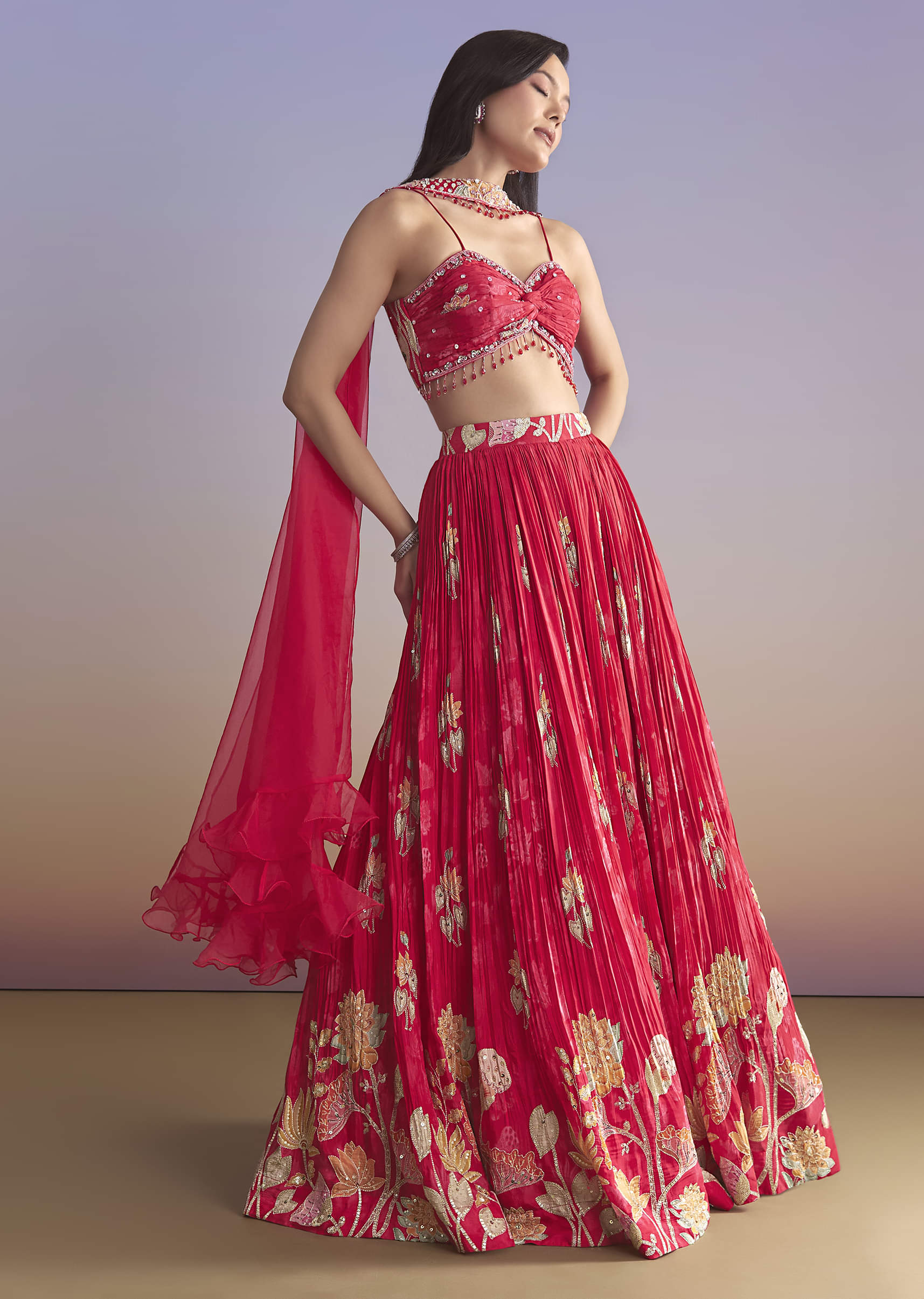 Pink Crepe Bridesmaid Lehenga With Floral Print - Image 6