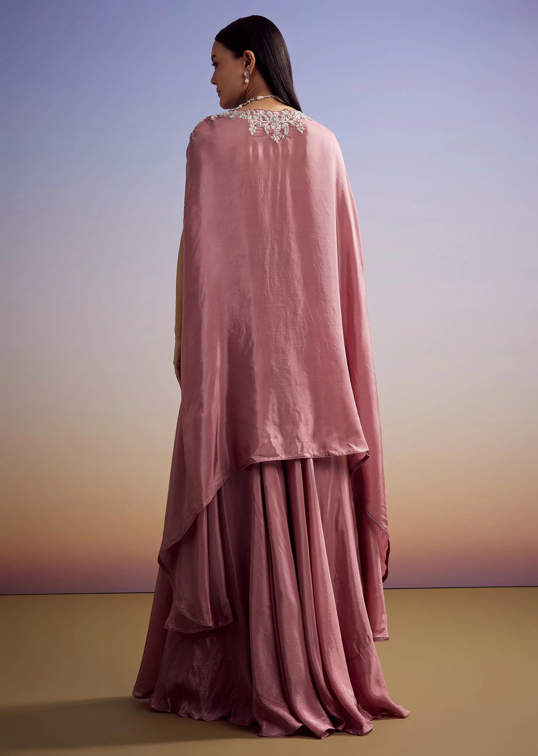 Pink Crepe Crop Top And Cape Set With Embroidery - Image 5