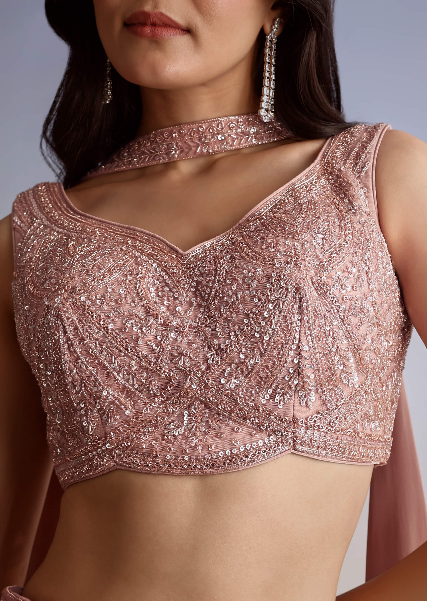 Pink Crepe Cutdana Sequin Embroidered Croptop Palazzo Suit With Dupatta - Image 2