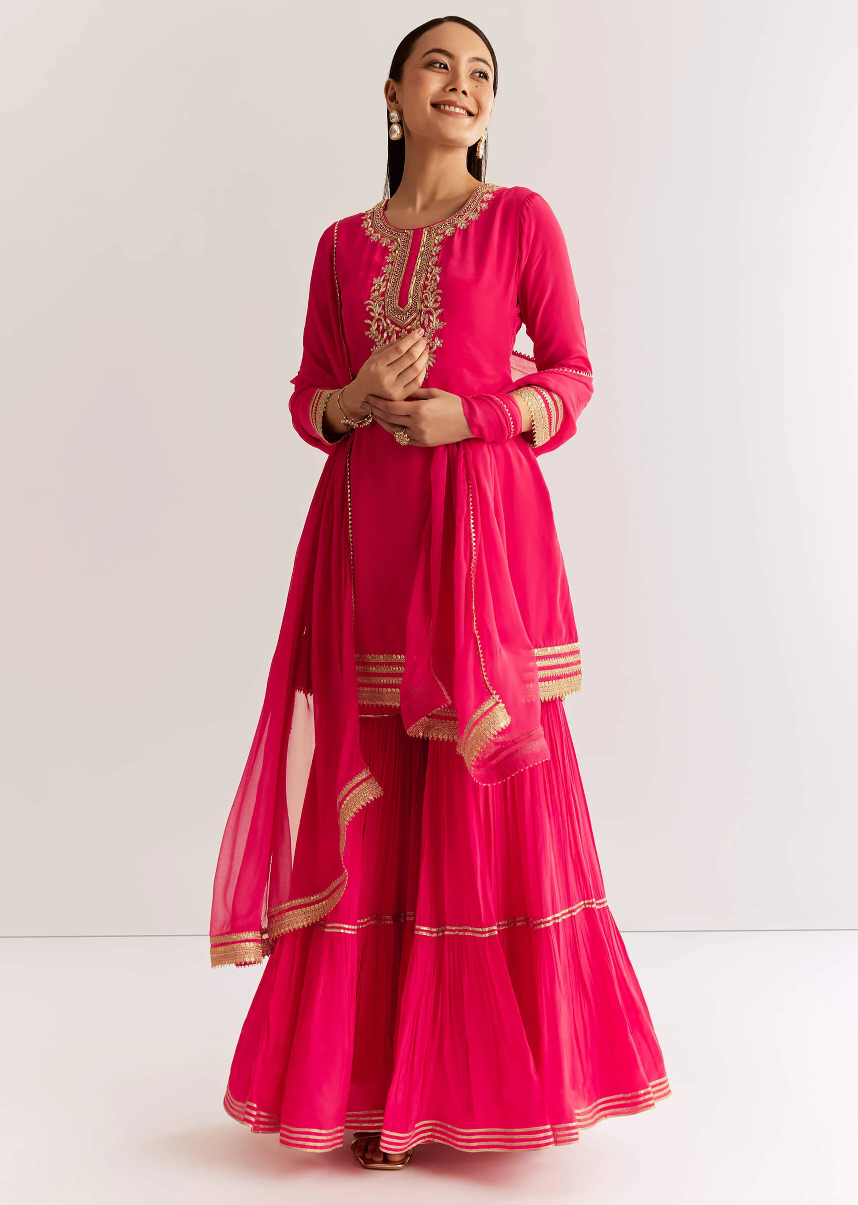 Pink Crepe Kurta Set With Zardosi And Sequins Dupatta - Image 3
