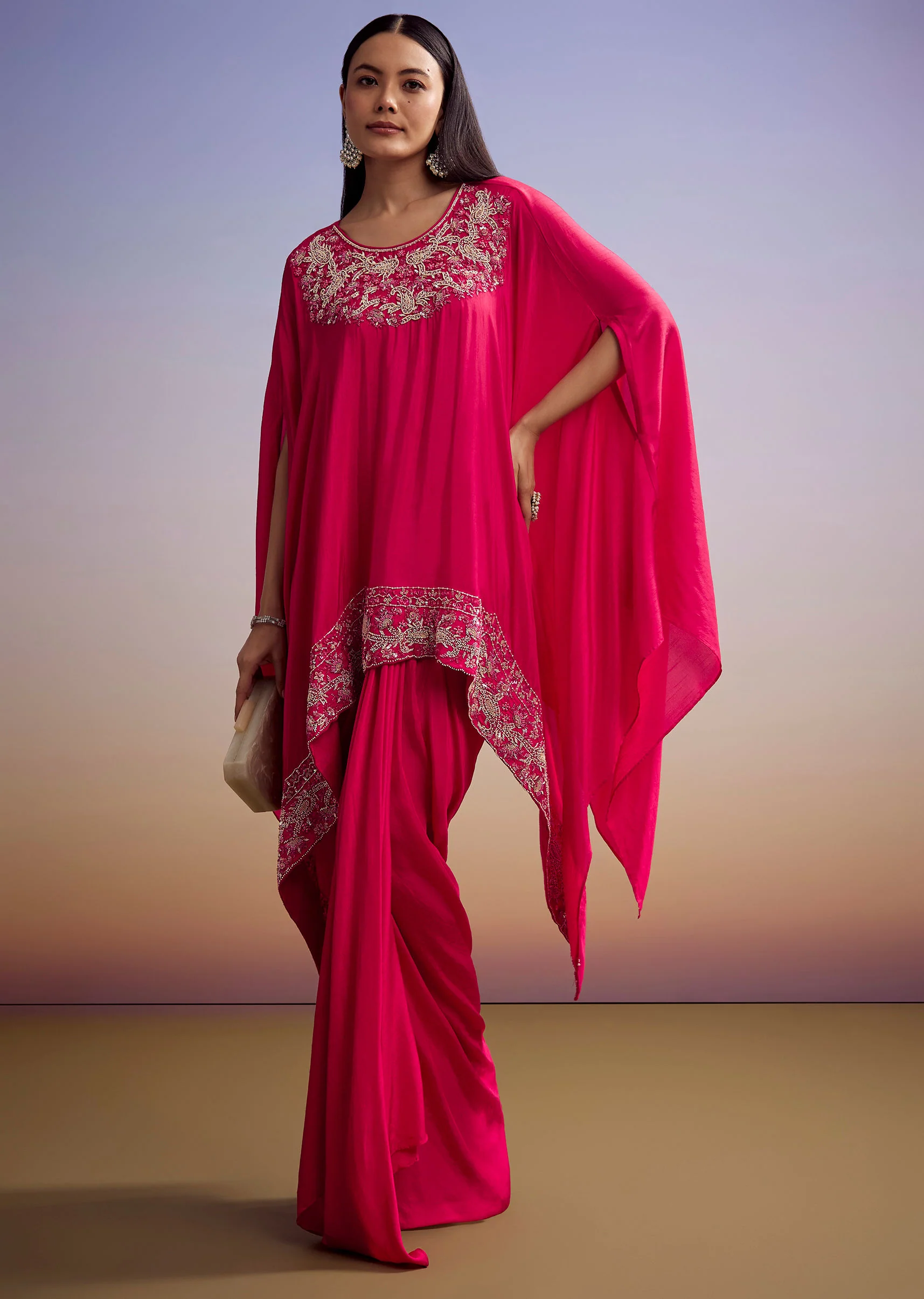 Pink Crop Top And Skirt Set With Moti And Sequins Work