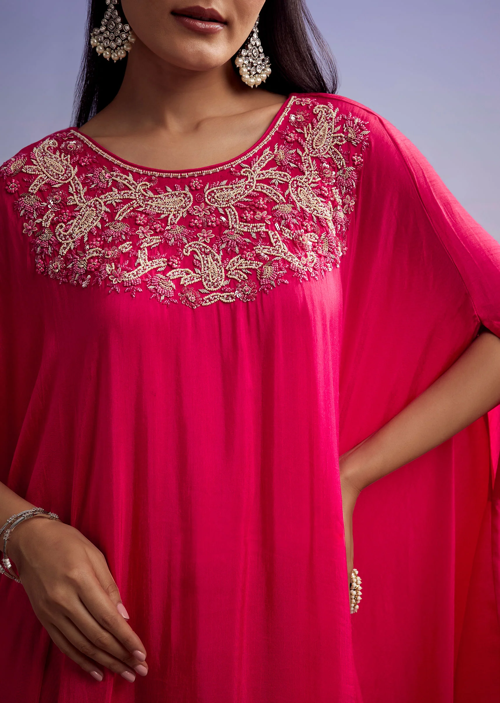Pink Crop Top And Skirt Set With Moti And Sequins Work - Image 2