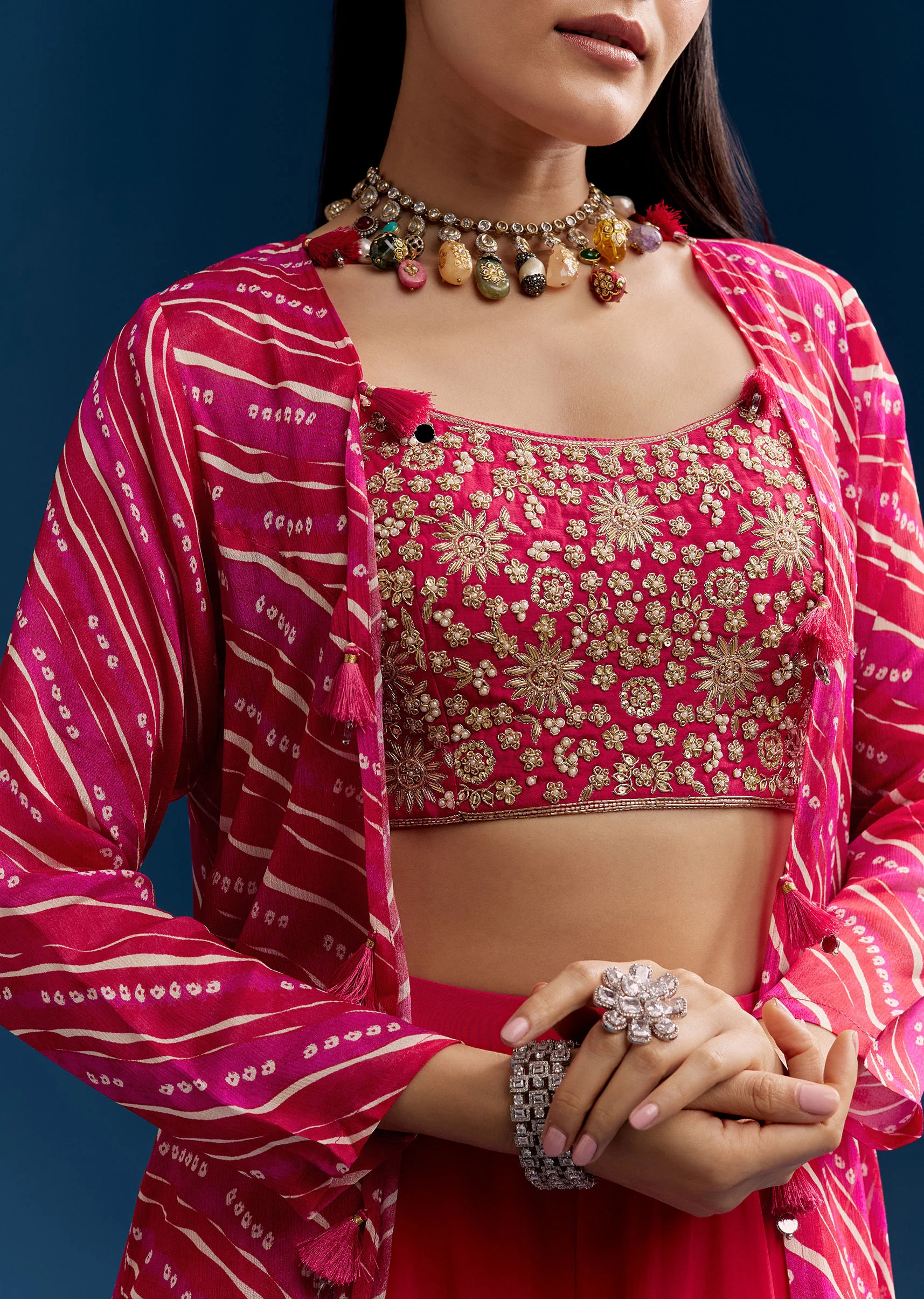Pink Crop Top Palazzo Set With Zardosi Jacket - Image 2