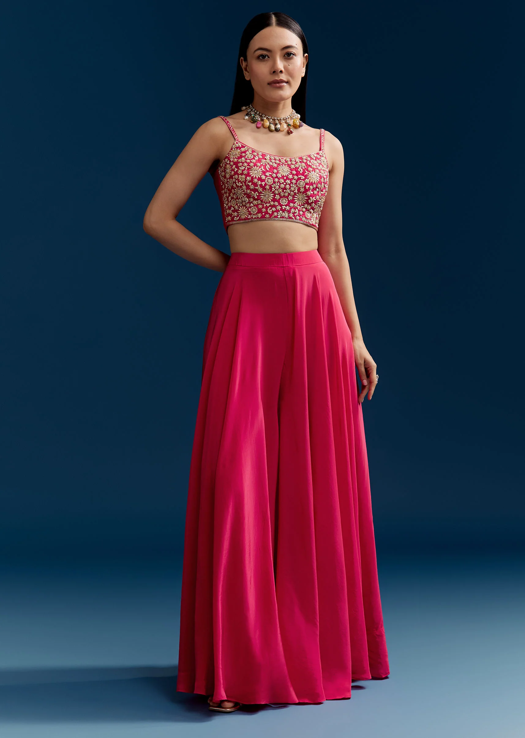 Pink Crop Top Palazzo Set With Zardosi Jacket - Image 6