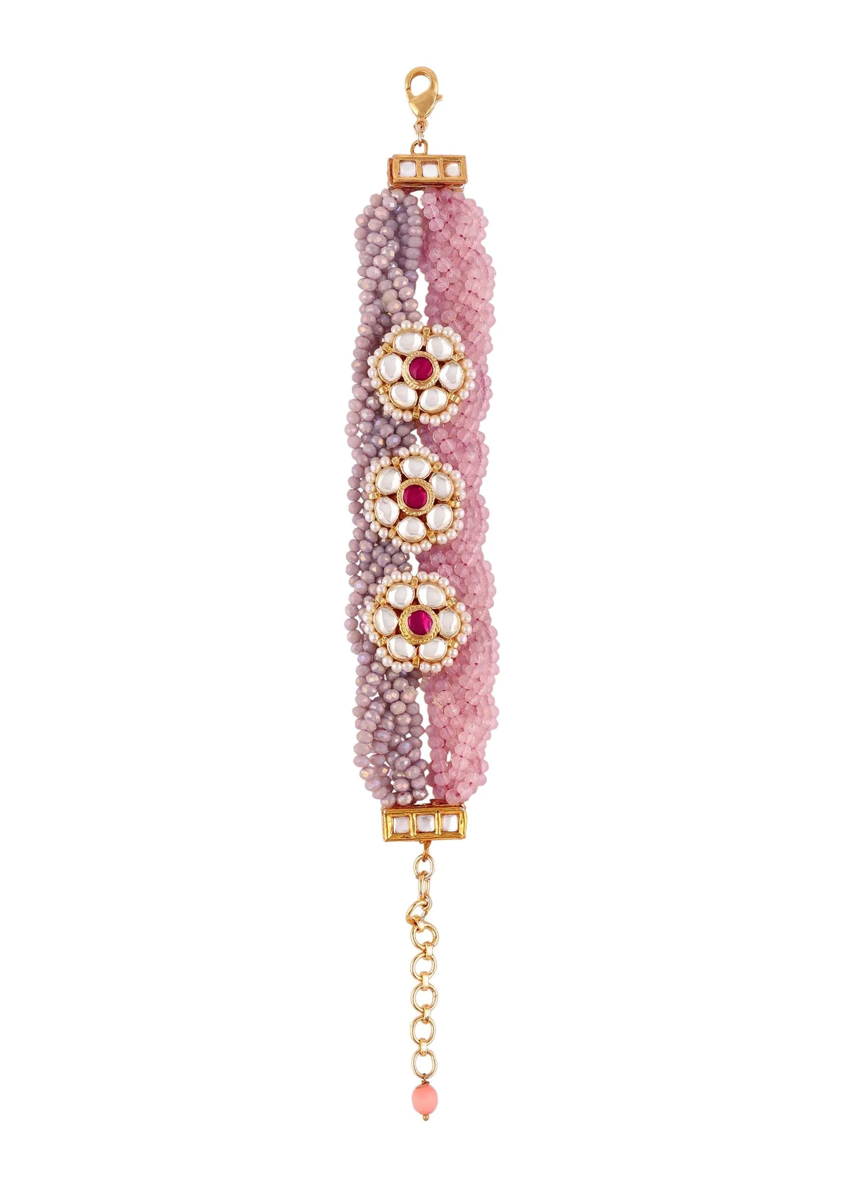 Pink Crystal Beaded With Kundan Studs Bracelet - Image 3