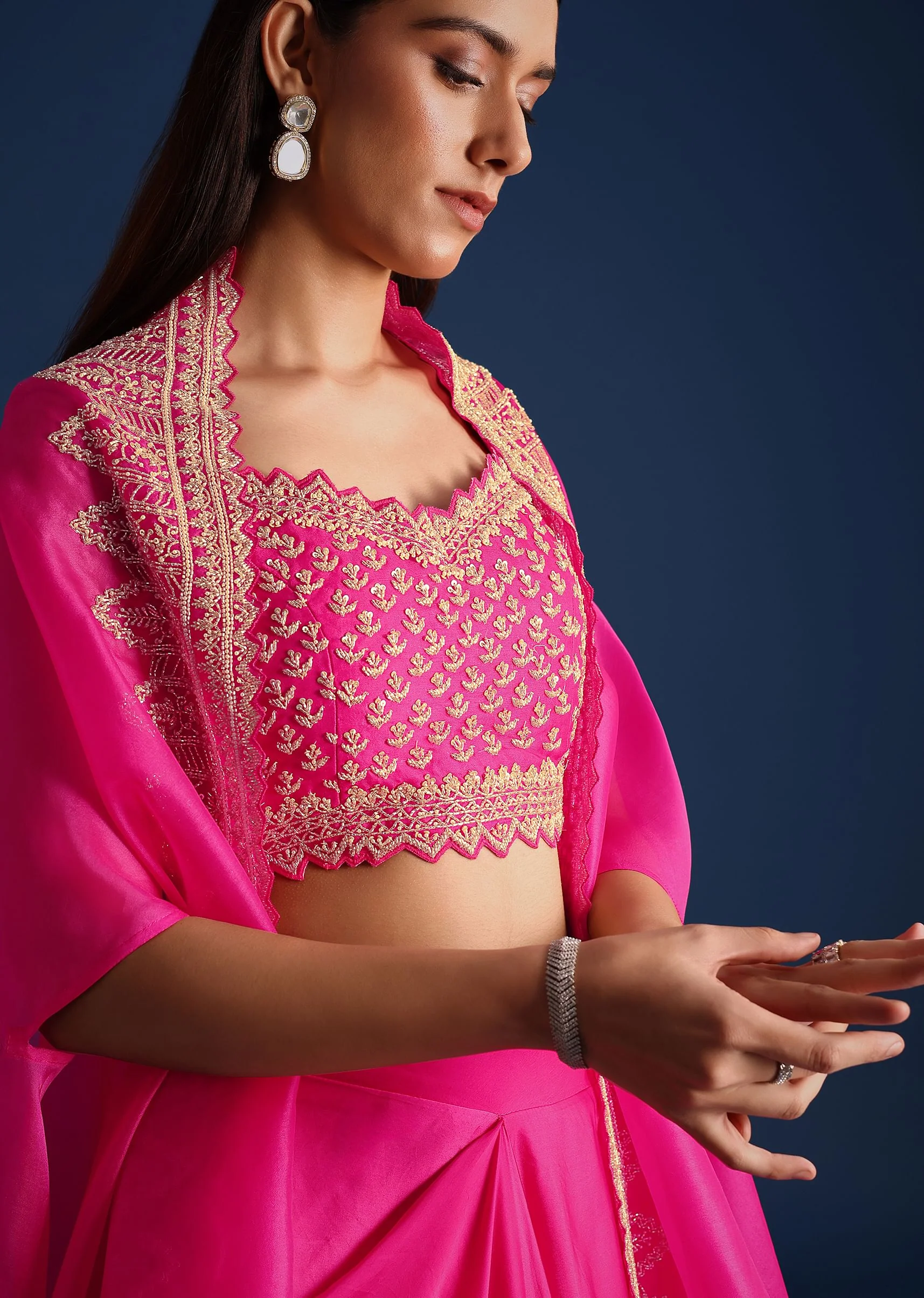 Pink Cutdana Embroidered Crop Top With Jacket And Skirt - Image 2
