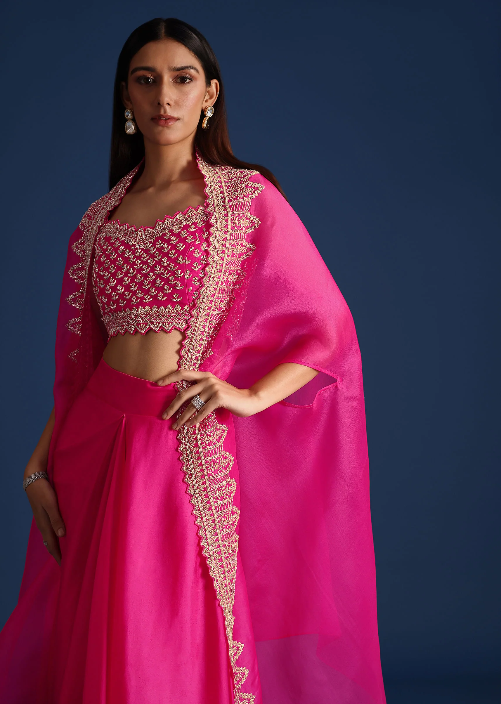 Pink Cutdana Embroidered Crop Top With Jacket And Skirt - Image 4