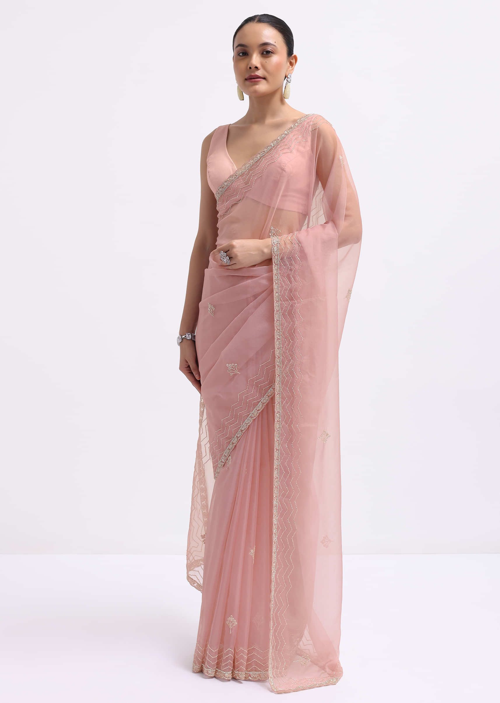 Pink Cutdana Embroidered Organza Saree With Unstitched Blouse - Image 5